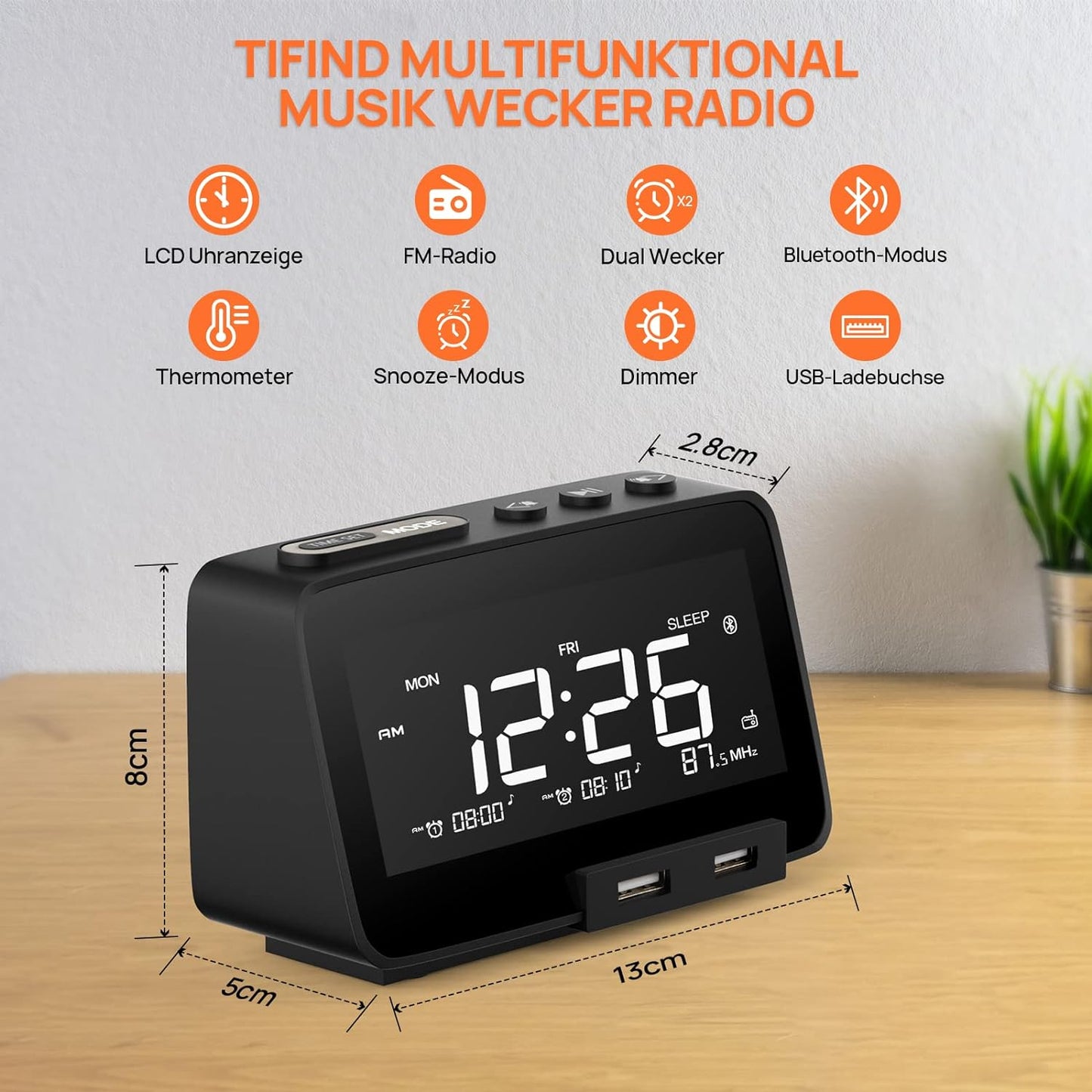 TIFIND Radiowecker mit USB-Anschlüssen, Dual Alarm mit Wochentag/Wochenend, 6 Weckergeräusche, Anpassbare Helligkeitsregulierung, Sleep-Timer,Thermometer, Kleine Größe für Schlafzimmer