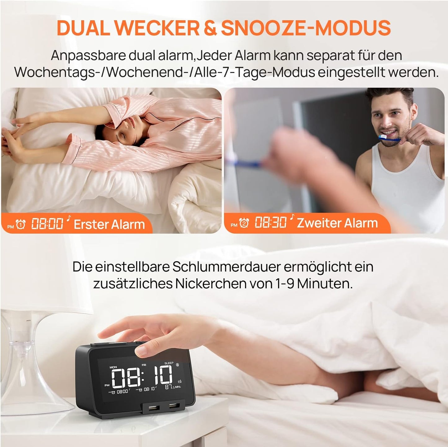 TIFIND Radiowecker mit USB-Anschlüssen, Dual Alarm mit Wochentag/Wochenend, 6 Weckergeräusche, Anpassbare Helligkeitsregulierung, Sleep-Timer,Thermometer, Kleine Größe für Schlafzimmer