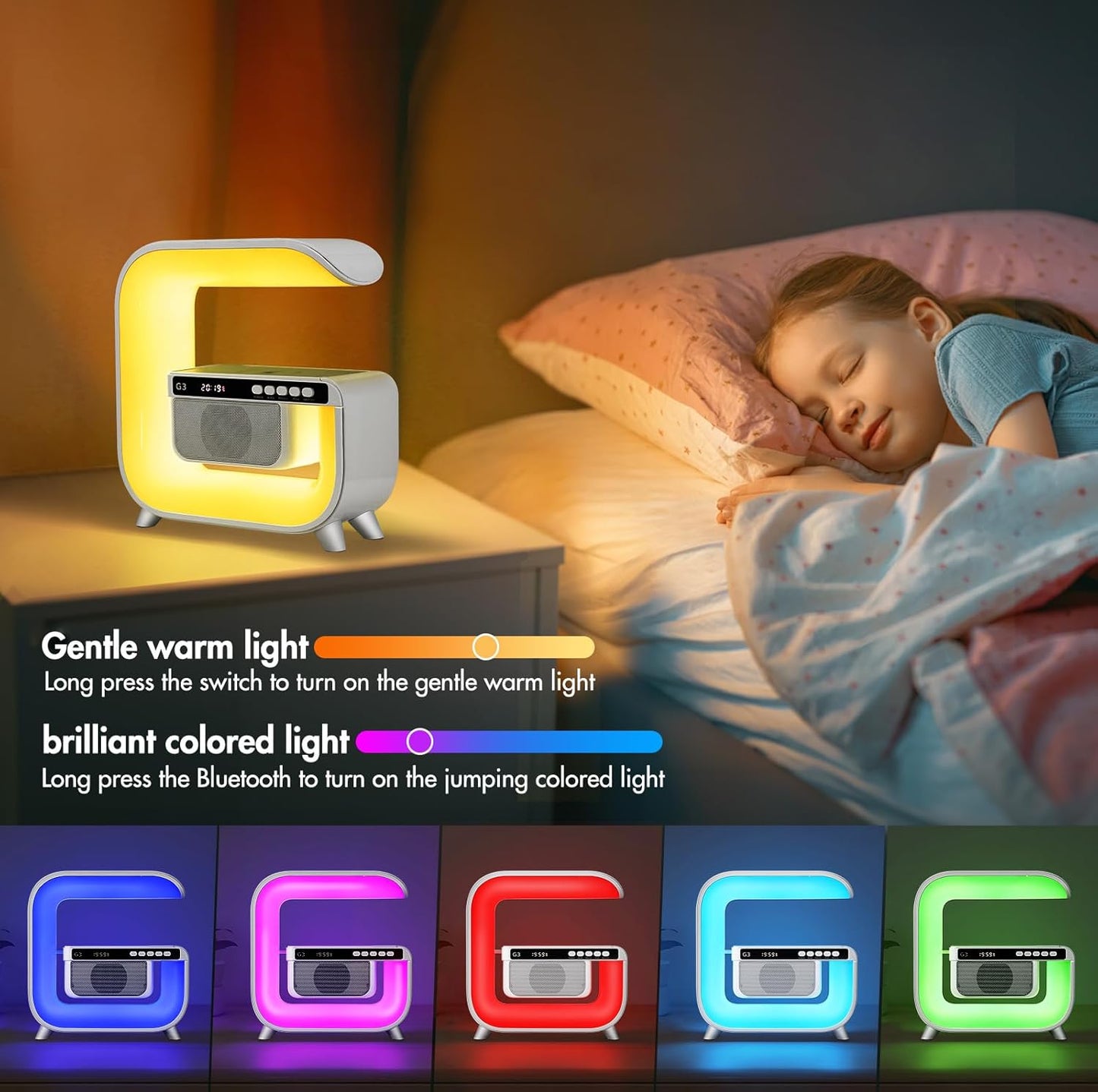 Lampe de table, haut-parleur Hi-Fi Bluetooth, lampe d'ambiance avec chargeur Qi 15 W gratuit, lampe de couleur avec éclairage, haut-parleur G, lumière de streaming, éclairage d'ambiance