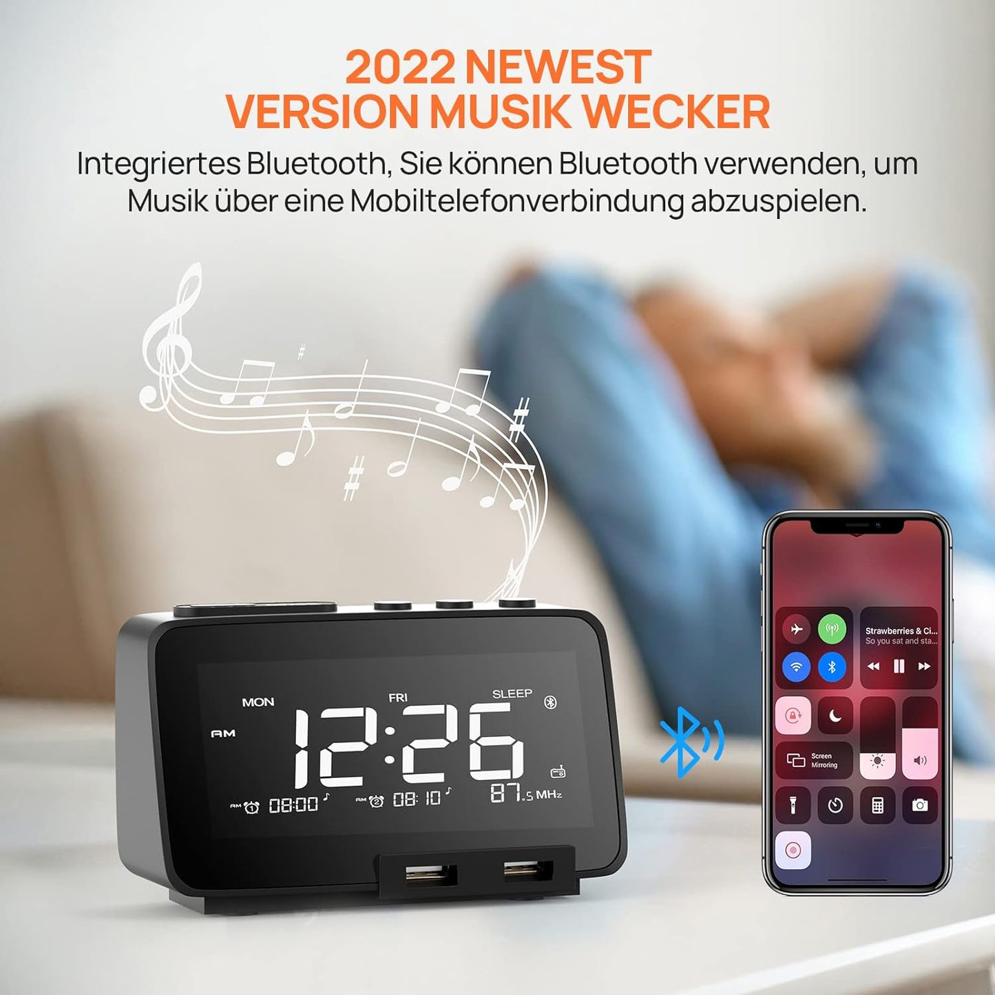 TIFIND Radiowecker mit USB-Anschlüssen, Dual Alarm mit Wochentag/Wochenend, 6 Weckergeräusche, Anpassbare Helligkeitsregulierung, Sleep-Timer,Thermometer, Kleine Größe für Schlafzimmer