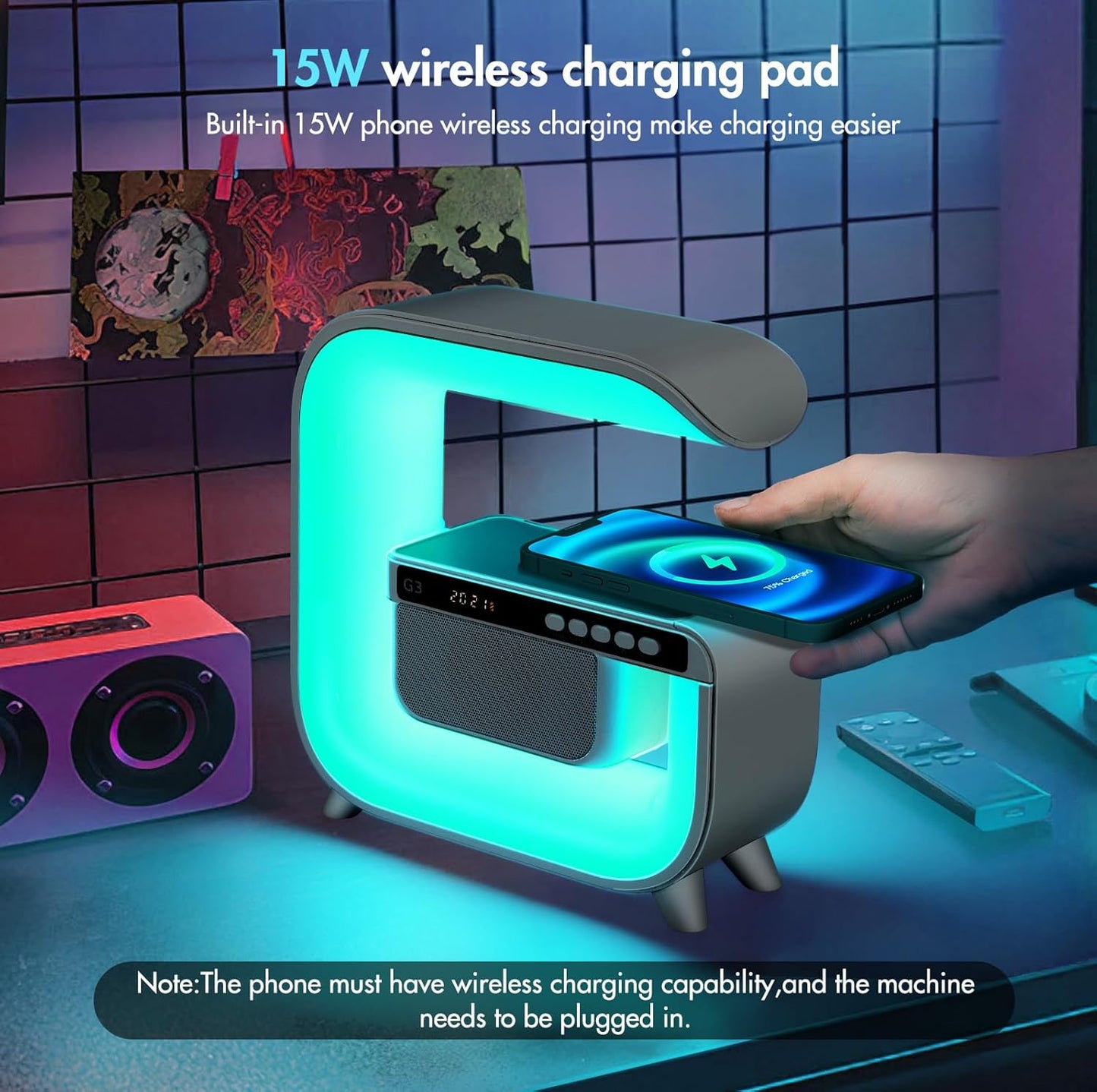 Lampe de table, haut-parleur Hi-Fi Bluetooth, lampe d'ambiance avec chargeur Qi 15 W gratuit, lampe de couleur avec éclairage, haut-parleur G, lumière de streaming, éclairage d'ambiance