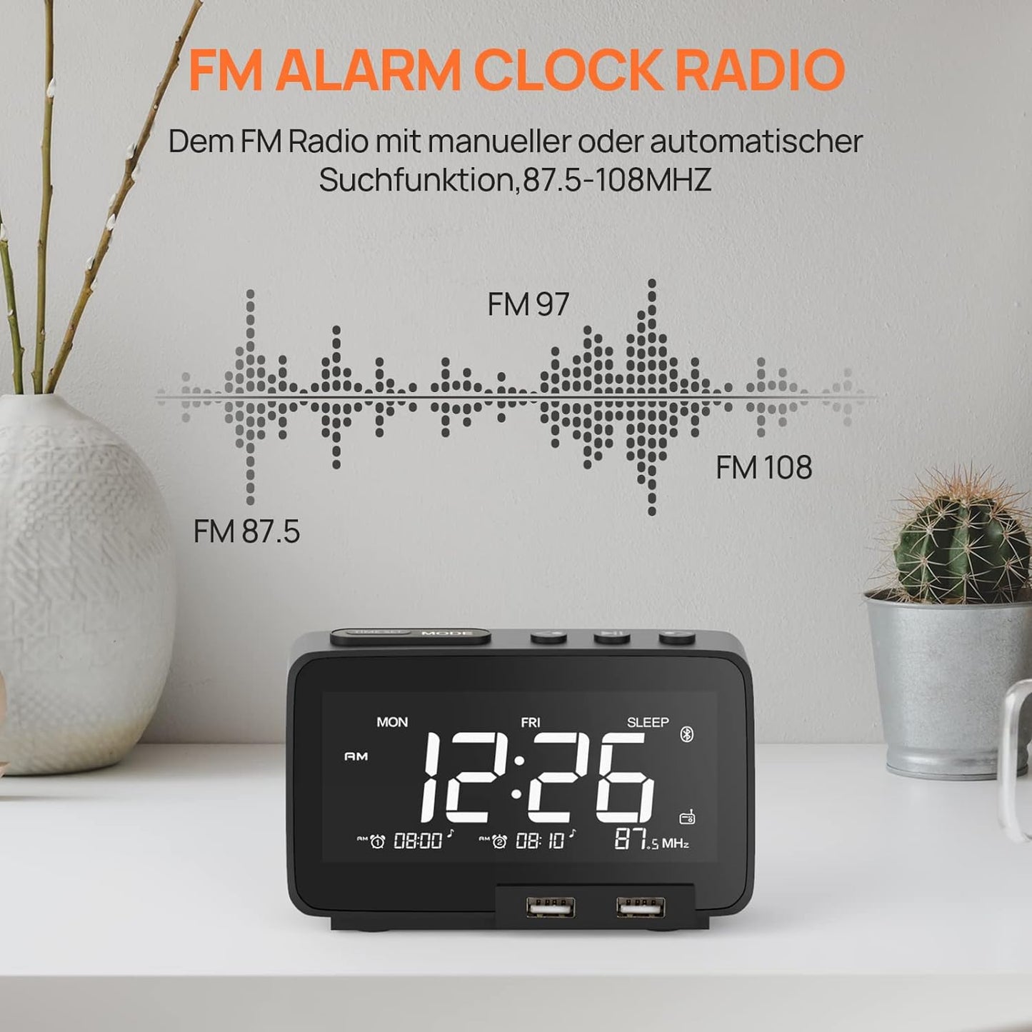 TIFIND Radiowecker mit USB-Anschlüssen, Dual Alarm mit Wochentag/Wochenend, 6 Weckergeräusche, Anpassbare Helligkeitsregulierung, Sleep-Timer,Thermometer, Kleine Größe für Schlafzimmer