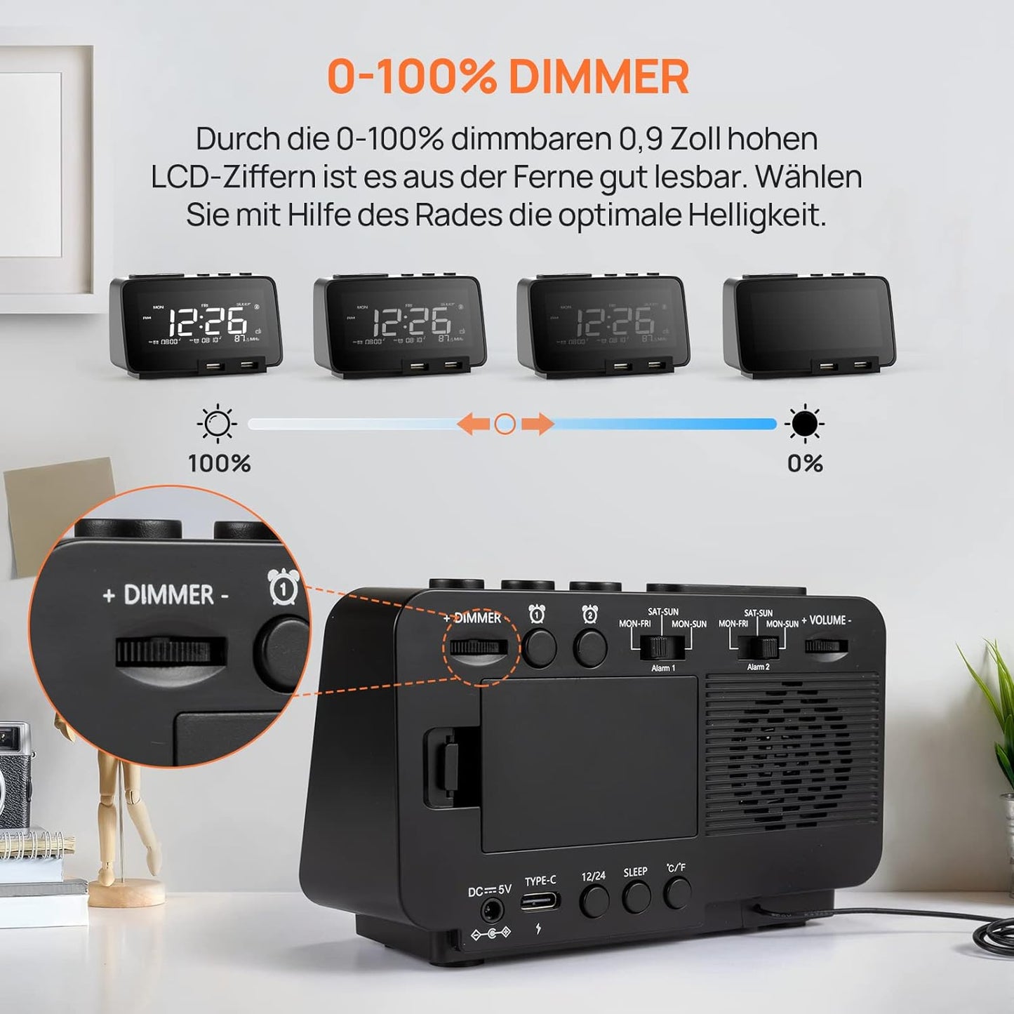 TIFIND Radiowecker mit USB-Anschlüssen, Dual Alarm mit Wochentag/Wochenend, 6 Weckergeräusche, Anpassbare Helligkeitsregulierung, Sleep-Timer,Thermometer, Kleine Größe für Schlafzimmer