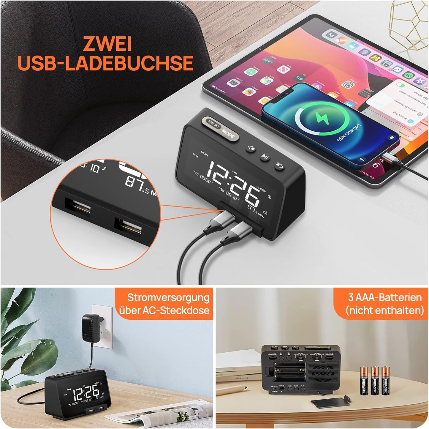 TIFIND Radiowecker mit USB-Anschlüssen, Dual Alarm mit Wochentag/Wochenend, 6 Weckergeräusche, Anpassbare Helligkeitsregulierung, Sleep-Timer,Thermometer, Kleine Größe für Schlafzimmer