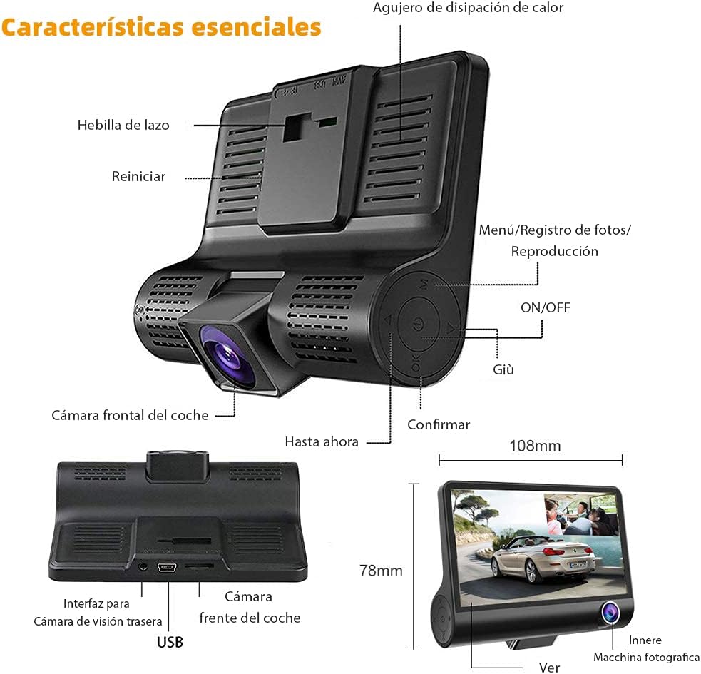 TINHAU Dashcam Caméra de Voiture, 4" 310° Vision Nocturne Full HD 1080P, G-Sensor, Loop-Aufnahme, 24 Stunden Parküberwachung, max 32GB Speicherkarten
