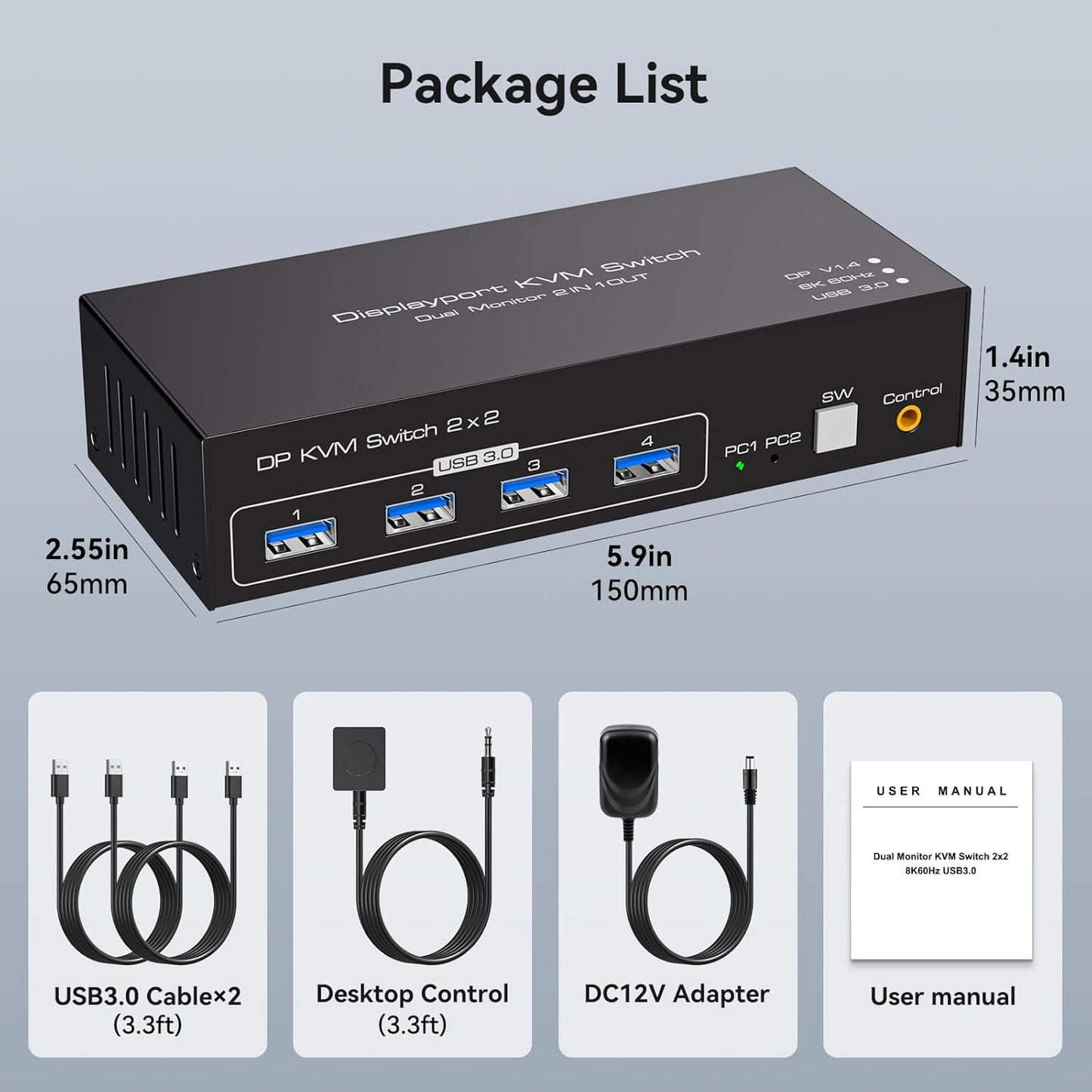 KVM-Switch, 4 K @ 120 Hz, 2 Monitore, 2 Computer, 8 K @ 60 Hz Displayport,