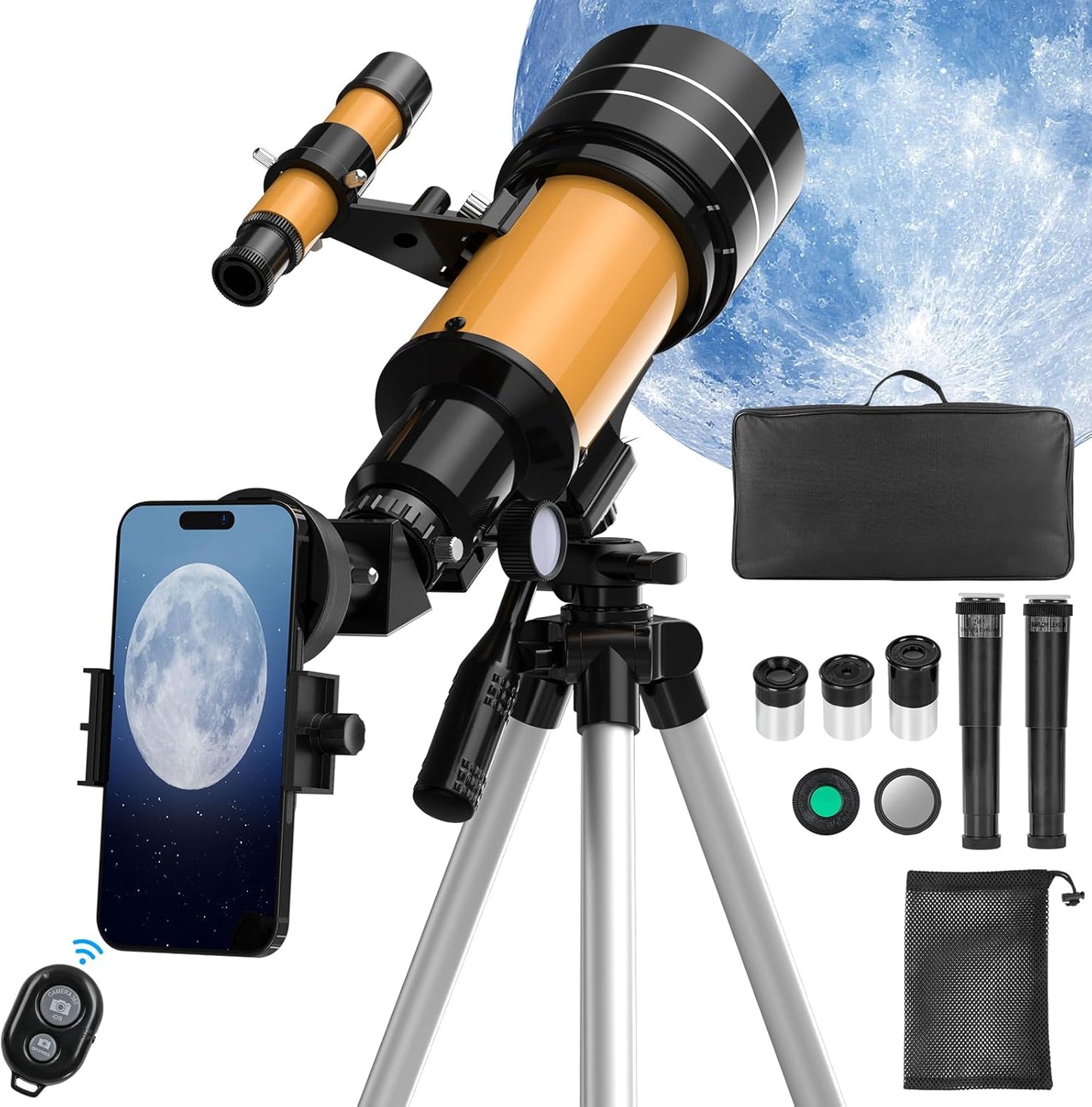 Teleskop Astronomie, 70/400mm Astronomisches Linsenteleskop mit Stativ, Mondfilter, Handy-Adapter