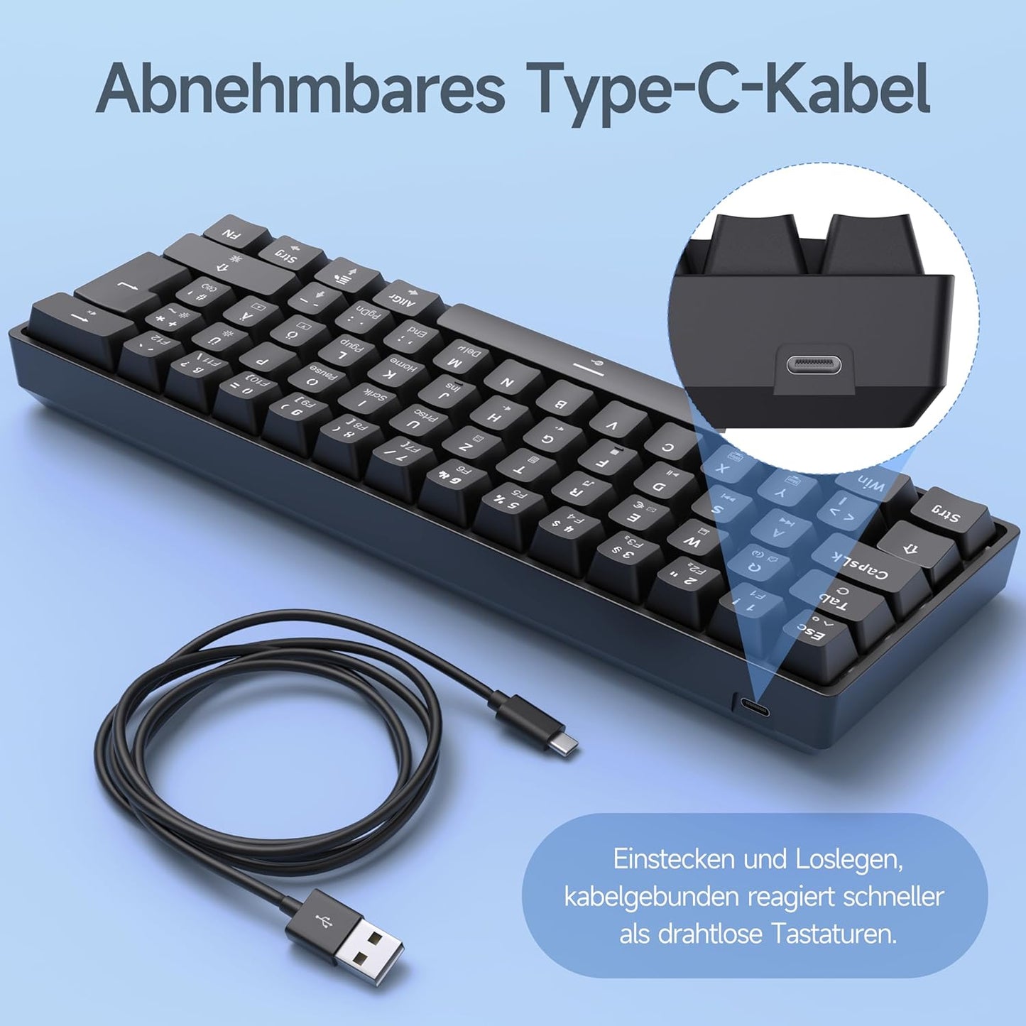 TMKB T61SE Gaming Mechanische Tastatur mit Deutsches QWERTZ Layout,Blauer Schalter,Schwarz