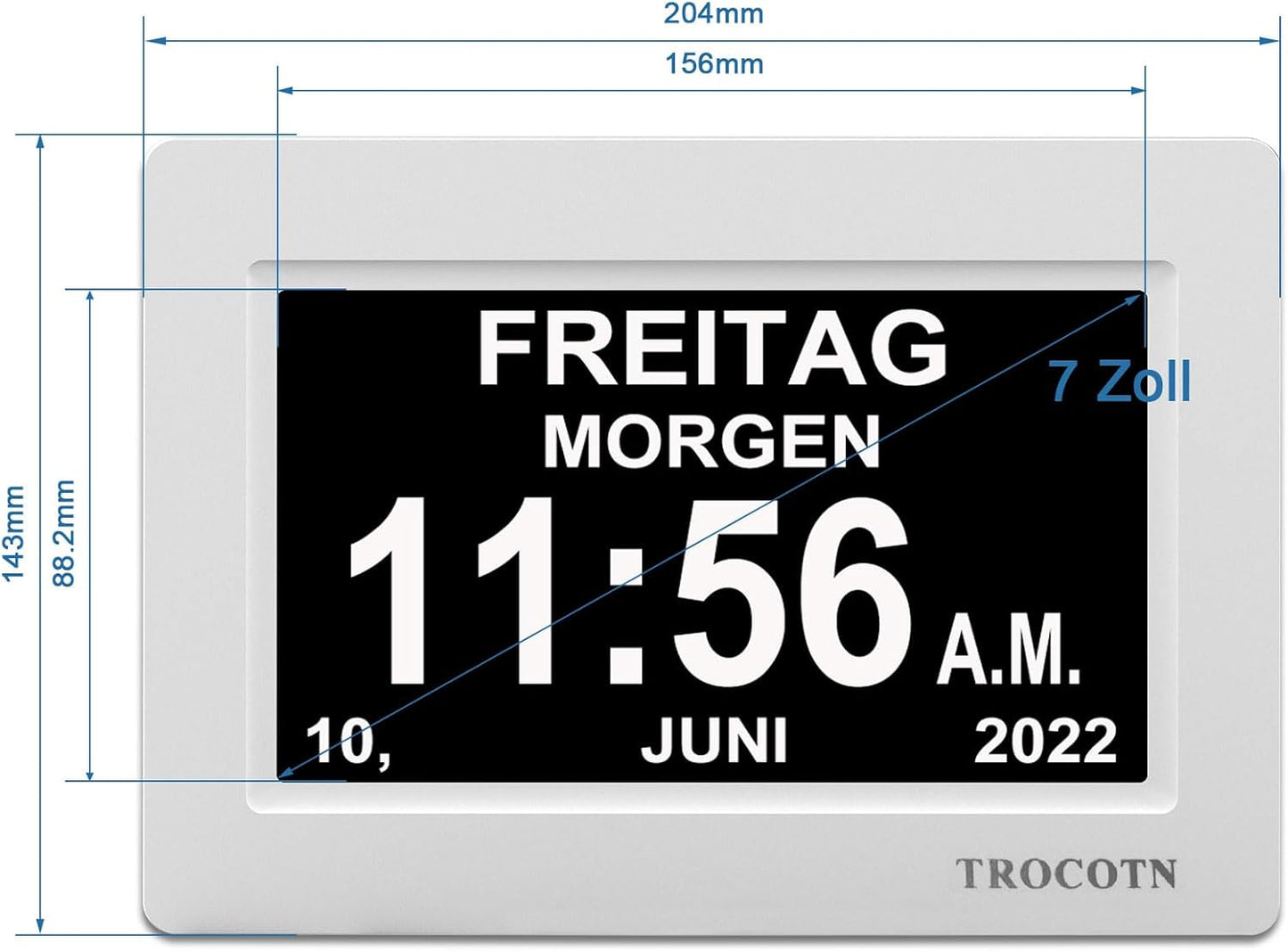 TROCOTN Demenz Uhr Senioren Digitale Uhr Tagesuhr Großes Display Wecker Wanduhr (Weiß, 7 Zoll)