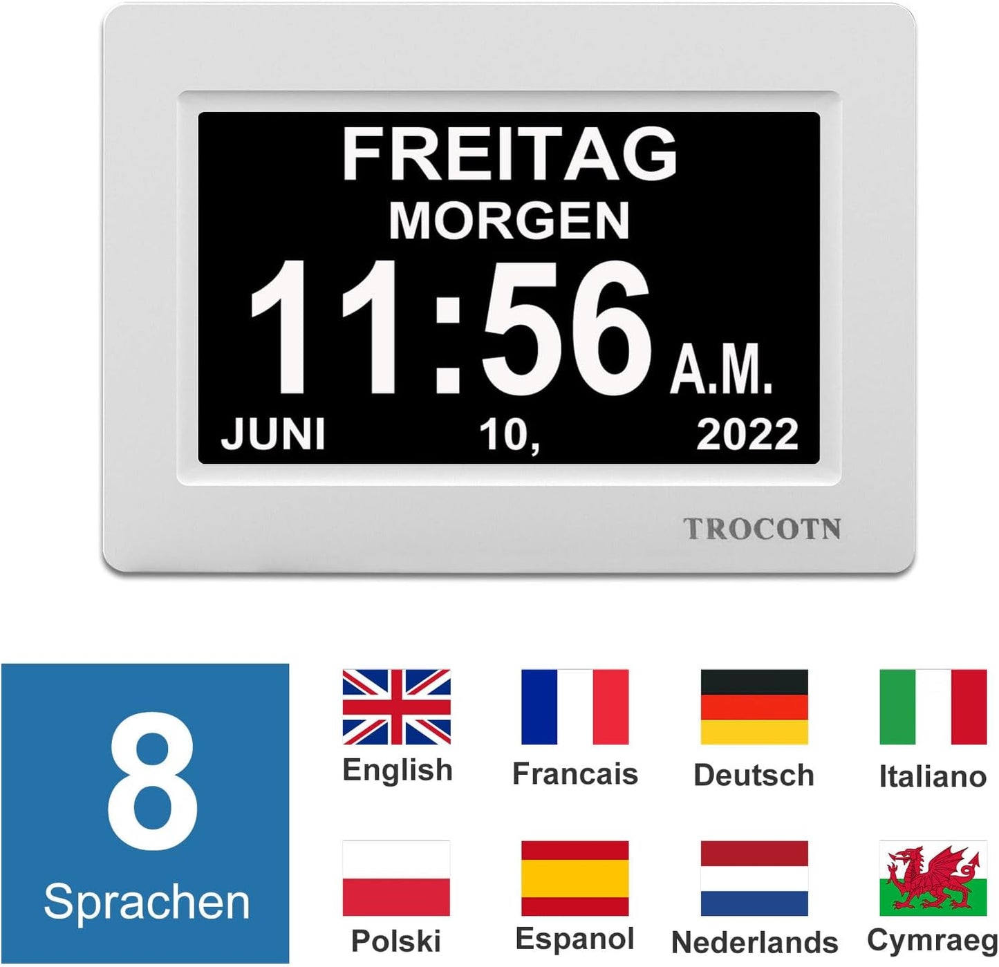 TROCOTN Demenz Uhr Senioren Digitale Uhr Tagesuhr Großes Display Wecker Wanduhr (Weiß, 7 Zoll)