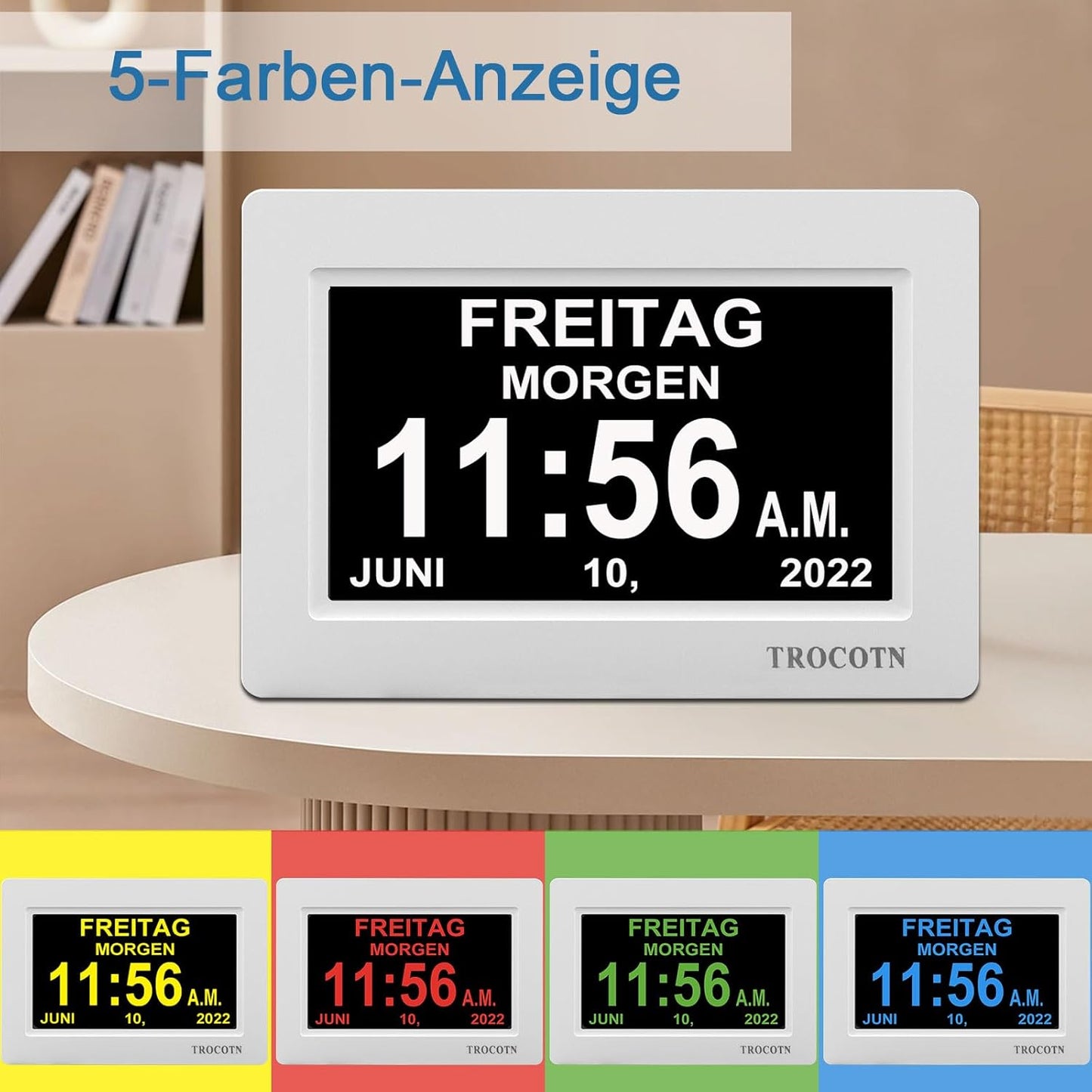TROCOTN Demenz Uhr Senioren Digitale Uhr Tagesuhr Großes Display Wecker Wanduhr (Weiß, 7 Zoll)