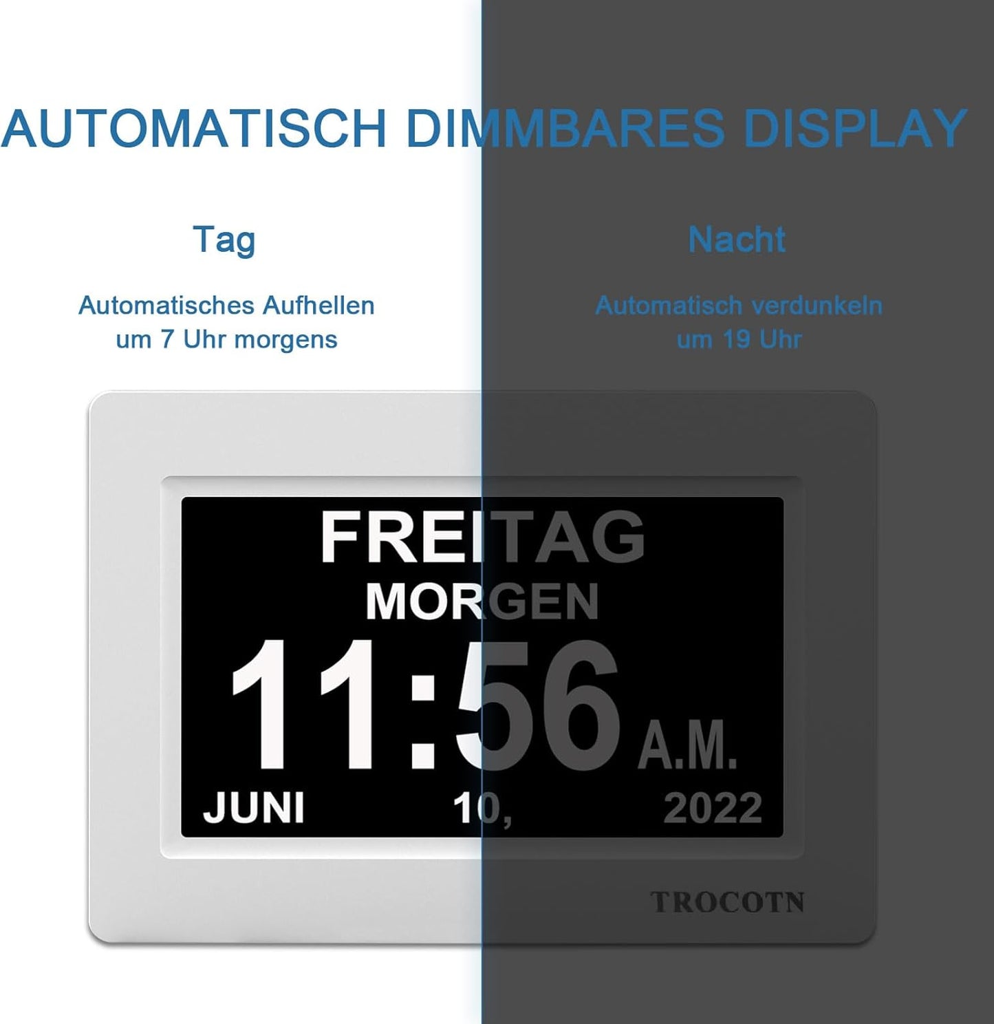 TROCOTN Demenz Uhr Senioren Digitale Uhr Tagesuhr Großes Display Wecker Wanduhr (Weiß, 7 Zoll)