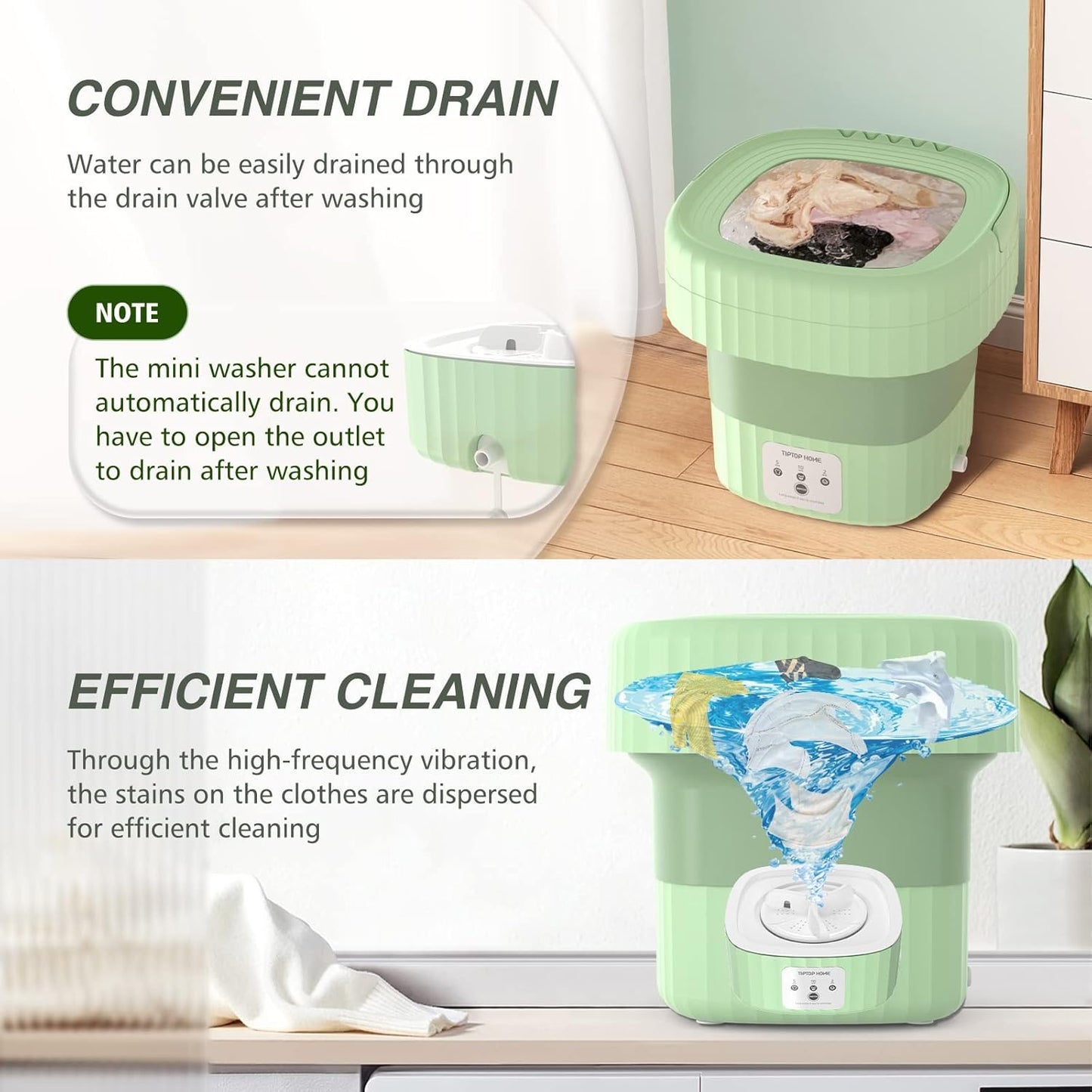 TipTop Home Mini lave-linge de camping portable 6 L, 3 modes, vert