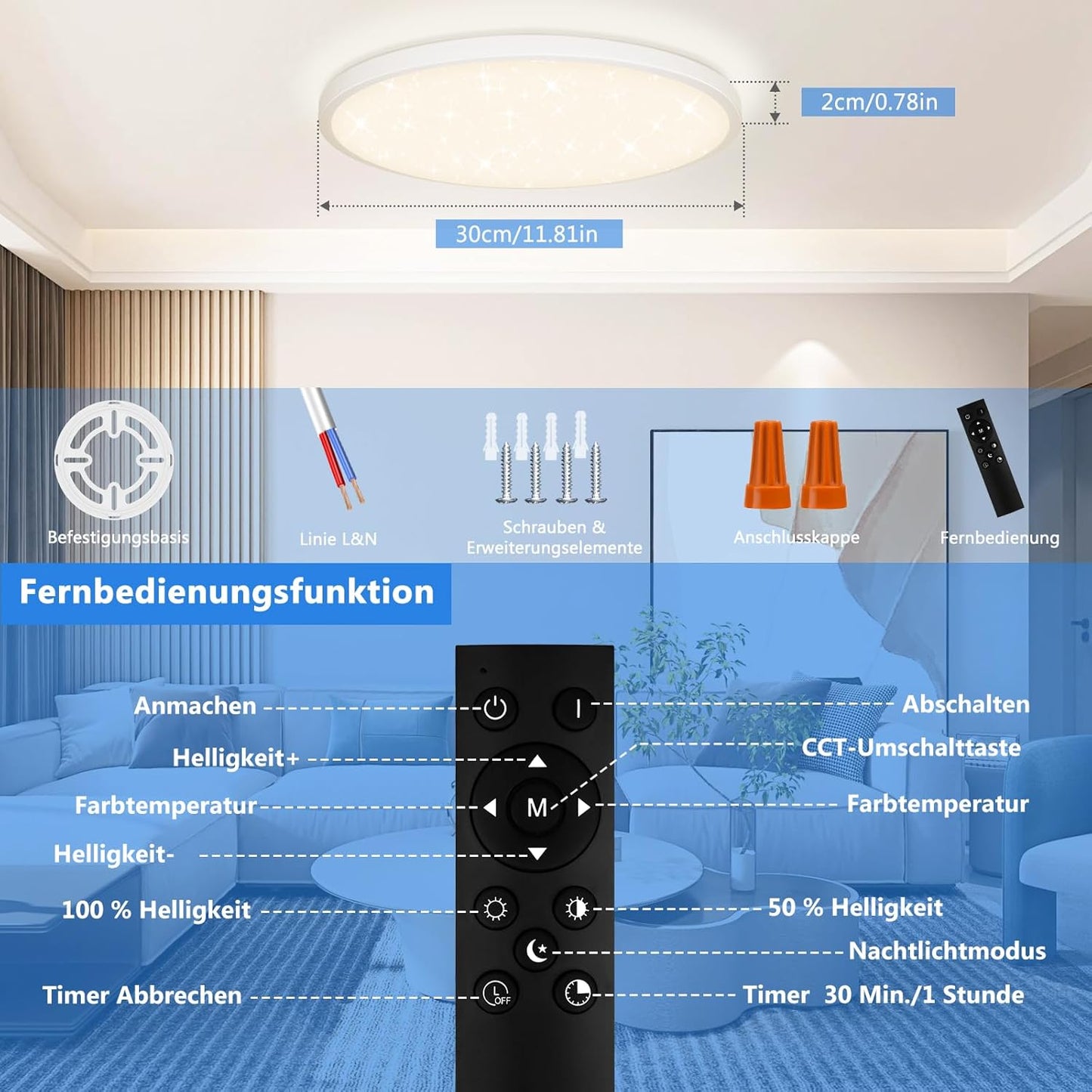 TOPPLEE LED Deckenleuchte Dimmbar 3000K-6500K mit Fernbedienung 30CM