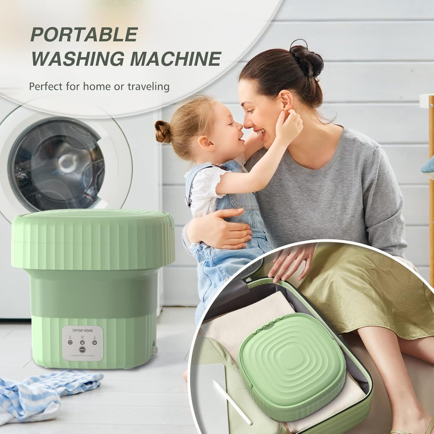 TipTop Home Mini lave-linge de camping portable 6 L, 3 modes, vert