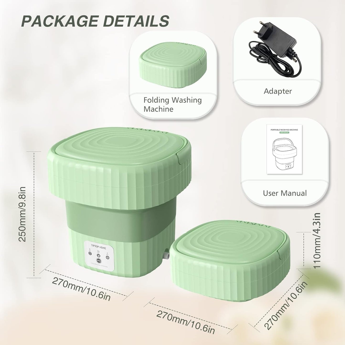 TipTop Home Mini lave-linge de camping portable 6 L, 3 modes, vert