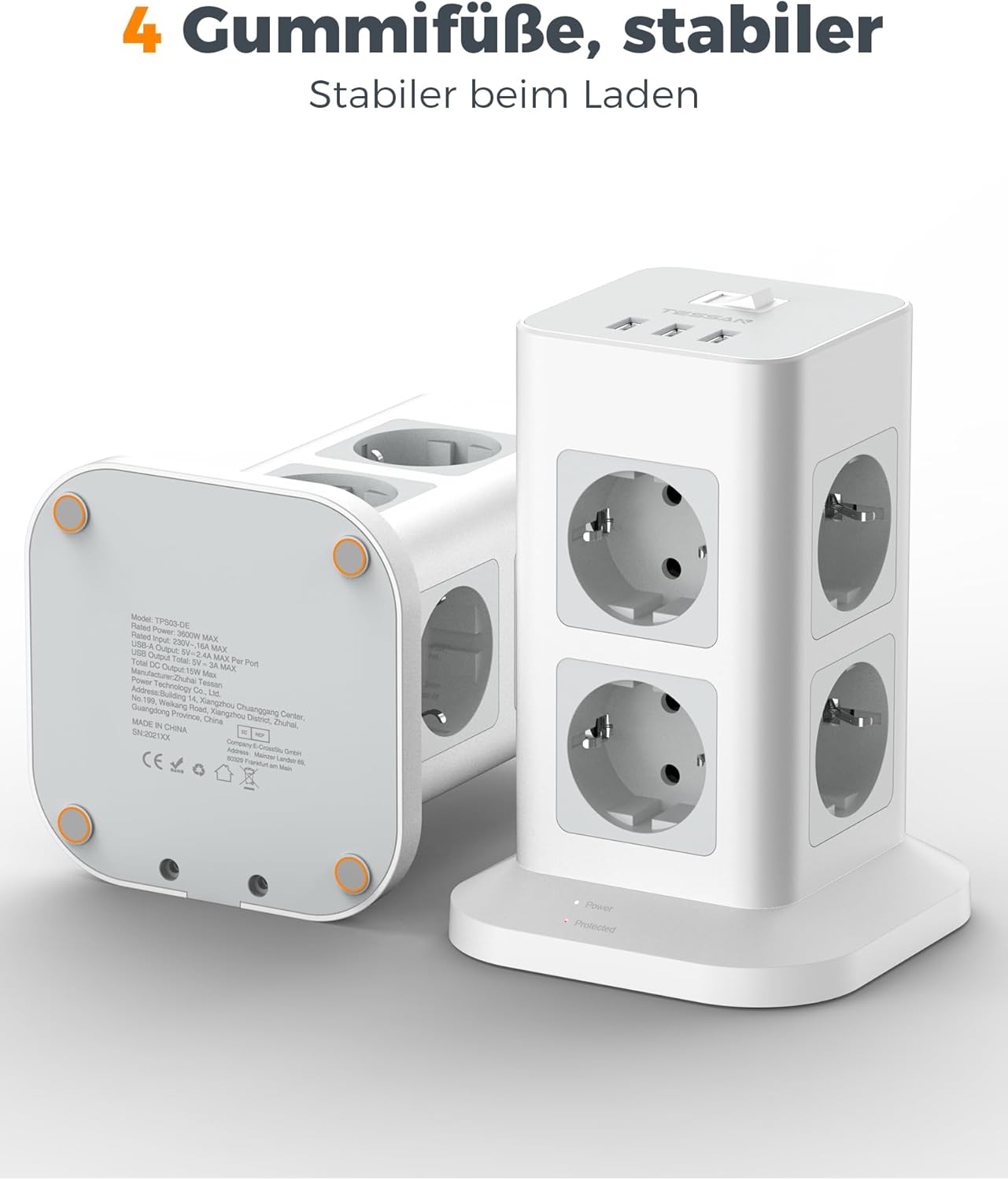 TESSAN 8 Fach Steckdosenleiste USB Mehrfachsteckdose 16A 2M kabel Weiß/Grau