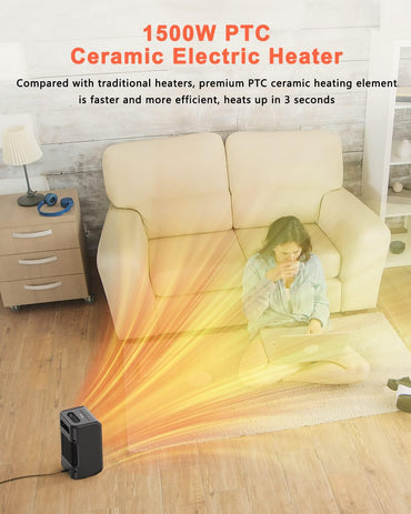 TriPole Heizlüfter Raumheizer Tragbarer Elektroheizer mit Thermostat, 80° oszillierende kleine Raumheizungen für den Innenbereich, 1500 W, schnell aufheizende PTC-Keramikheizung für Schlafzimmer, Büro, Schreibtisch, 1–12 Stunden Timer