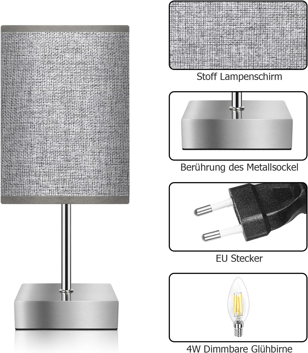Totofac Nachttischlampe Touch Dimmbar 2er set, E14 Retro 3 Helligkeitsstufen Einstellbar Warmweiss