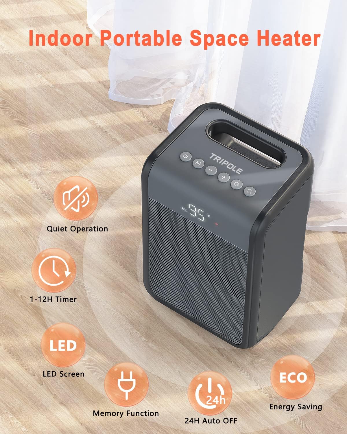 TriPole Heizlüfter Raumheizer Tragbarer Elektroheizer mit Thermostat, 80° oszillierende kleine Raumheizungen für den Innenbereich, 1500 W, schnell aufheizende PTC-Keramikheizung für Schlafzimmer, Büro, Schreibtisch, 1–12 Stunden Timer