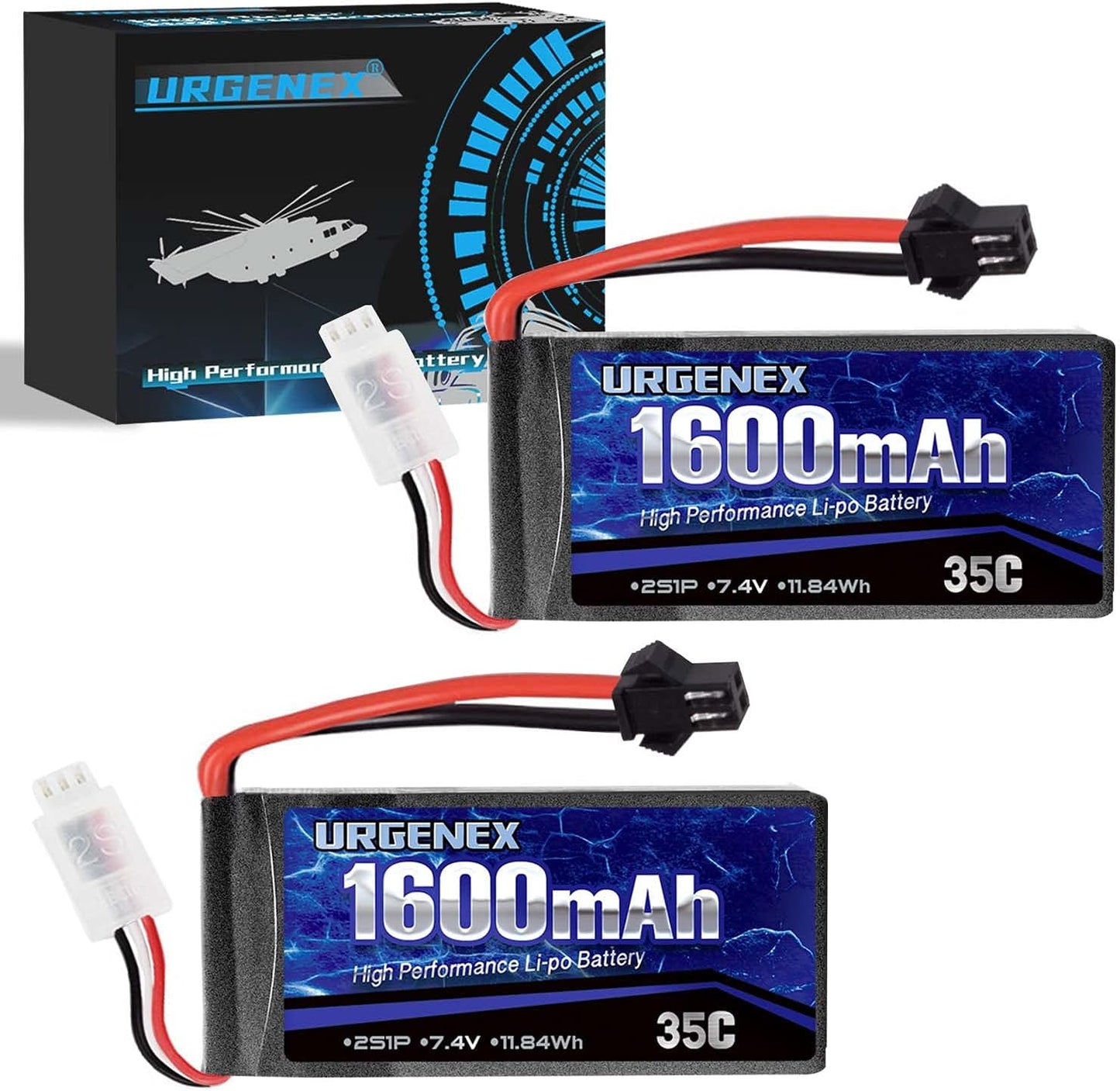 URGENEX 2S Lipo-Akku, 7,4 V, 1600 mAh, Lipo mit SM 2P-Stecker, 35 C, wiederaufladbarer Lipo-Akku für RC-Autos, LKWs, Hobby, Ersatzteile, Zubehör, 2 Stück