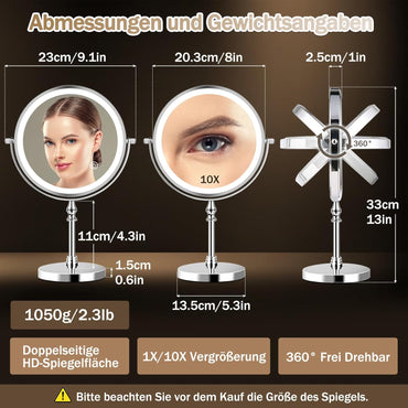 UUCOLOR Wiederaufladbar Kosmetikspiegel mit Beleuchtung,1X/10X Vergrößerung,3 Lichtfarben
