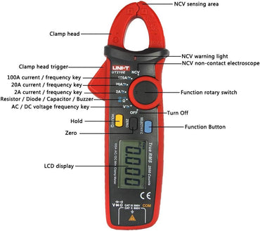 UNI-T UT210E Zangenmultimeter Digitale Strommesszange Amperemeter Voltmeter Vollautomatisch AC DC Multimeter Zange zum Messen von Wechselstrom, GleichStrom, AC/DC Spannung, Widerstand, Ohm