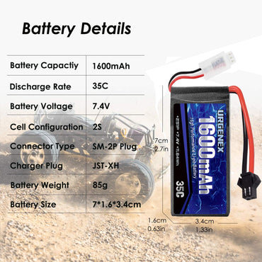 URGENEX 2S Lipo-Akku, 7,4 V, 1600 mAh, Lipo mit SM 2P-Stecker, 35 C, wiederaufladbarer Lipo-Akku für RC-Autos, LKWs, Hobby, Ersatzteile, Zubehör, 2 Stück