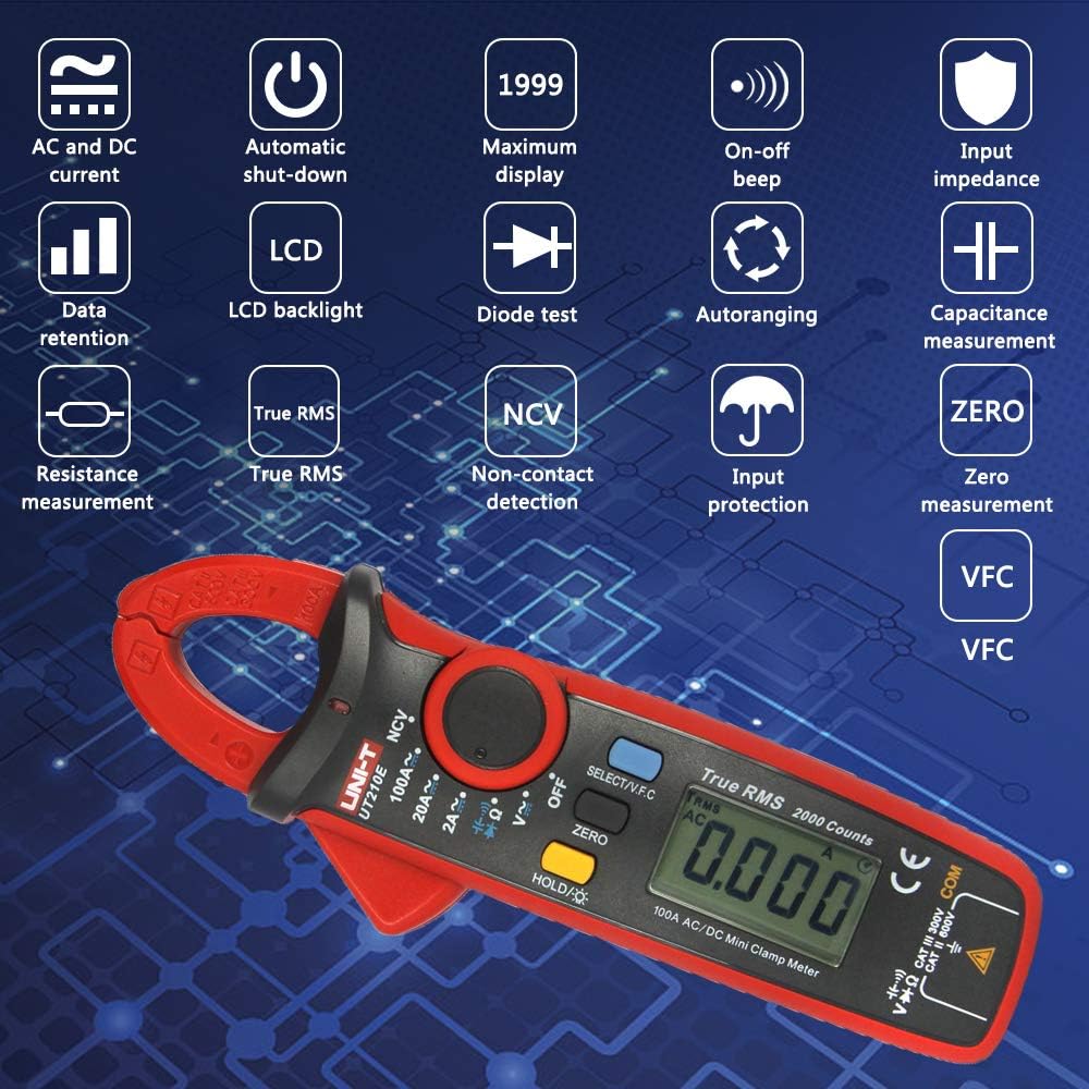 UNI-T UT210E Zangenmultimeter Digitale Strommesszange Amperemeter Voltmeter Vollautomatisch AC DC Multimeter Zange zum Messen von Wechselstrom, GleichStrom, AC/DC Spannung, Widerstand, Ohm
