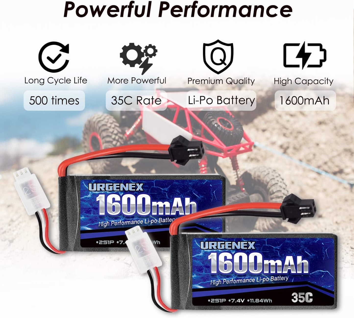 URGENEX 2S Lipo-Akku, 7,4 V, 1600 mAh, Lipo mit SM 2P-Stecker, 35 C, wiederaufladbarer Lipo-Akku für RC-Autos, LKWs, Hobby, Ersatzteile, Zubehör, 2 Stück