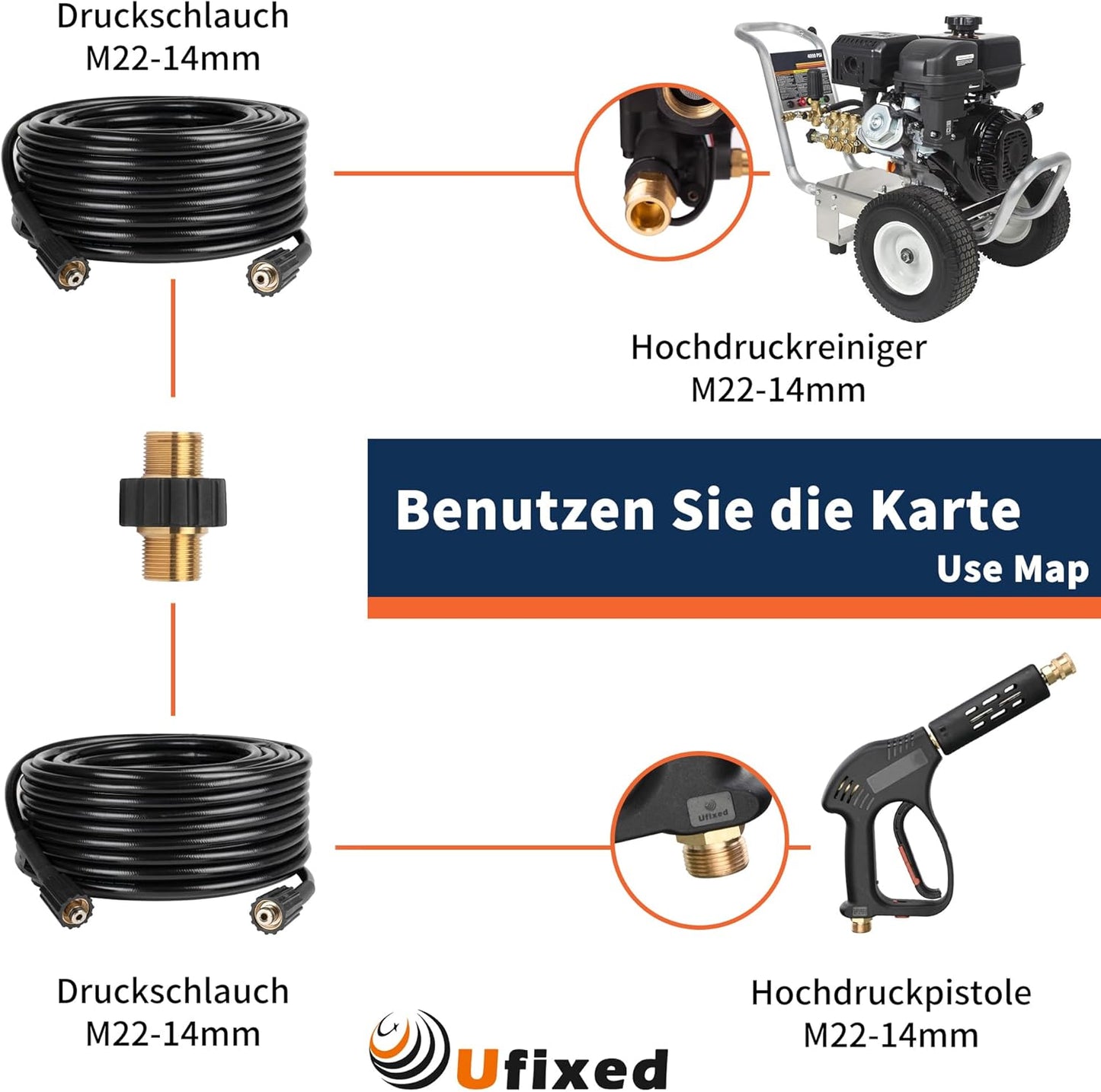 Ufixed Flexibler Nettoyeur haute pression Schlauch 30 mètres 1/4 Zoll 3300 PSI, Nettoyeur haute pression résistant aux coups avec raccord en laiton M22 14 mm, Ersatzschlauch pour nettoyeur haute pression, Nettoyant pour lave-auto