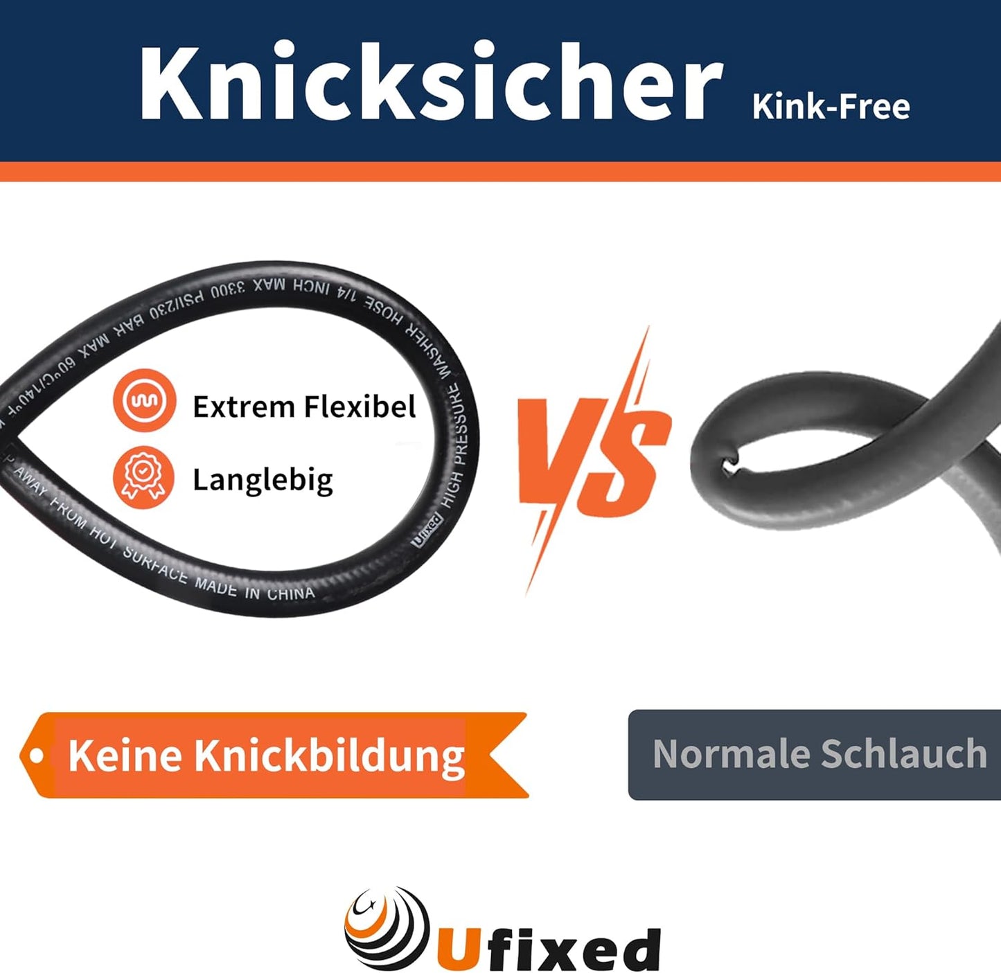 Ufixed Flexibler Nettoyeur haute pression Schlauch 30 mètres 1/4 Zoll 3300 PSI, Nettoyeur haute pression résistant aux coups avec raccord en laiton M22 14 mm, Ersatzschlauch pour nettoyeur haute pression, Nettoyant pour lave-auto