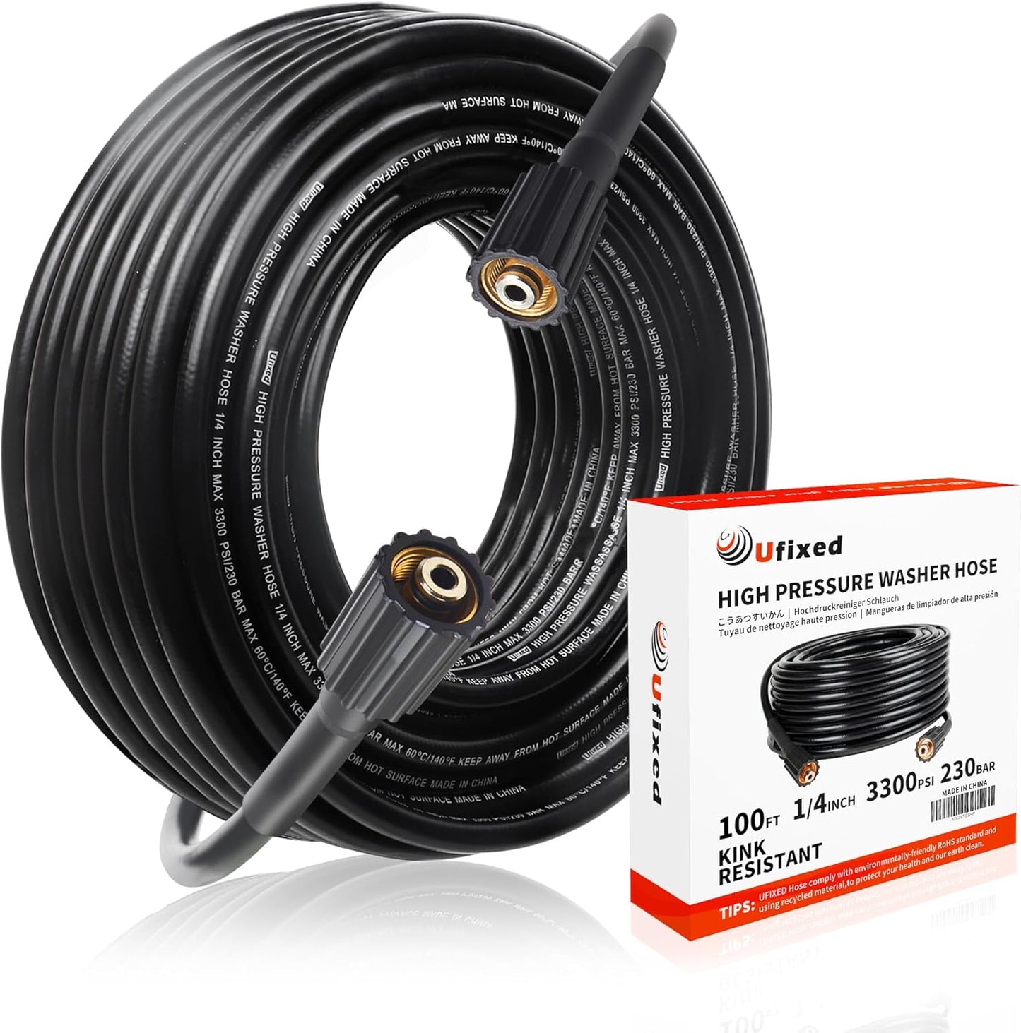 Ufixed Flexibler Nettoyeur haute pression Schlauch 30 mètres 1/4 Zoll 3300 PSI, Nettoyeur haute pression résistant aux coups avec raccord en laiton M22 14 mm, Ersatzschlauch pour nettoyeur haute pression, Nettoyant pour lave-auto