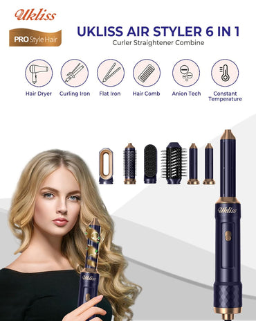 UKLISS Haarstyler Set 6 in 1 Air Styler mit 1000W Haartrockner, Auto-Air Föhnbürste, Rundbürstenföhn, Warmluftbürste, Glättbürste, Lockenföhn Bürste, Geschenkset für Frauen Trocknen, Glätten, Locken