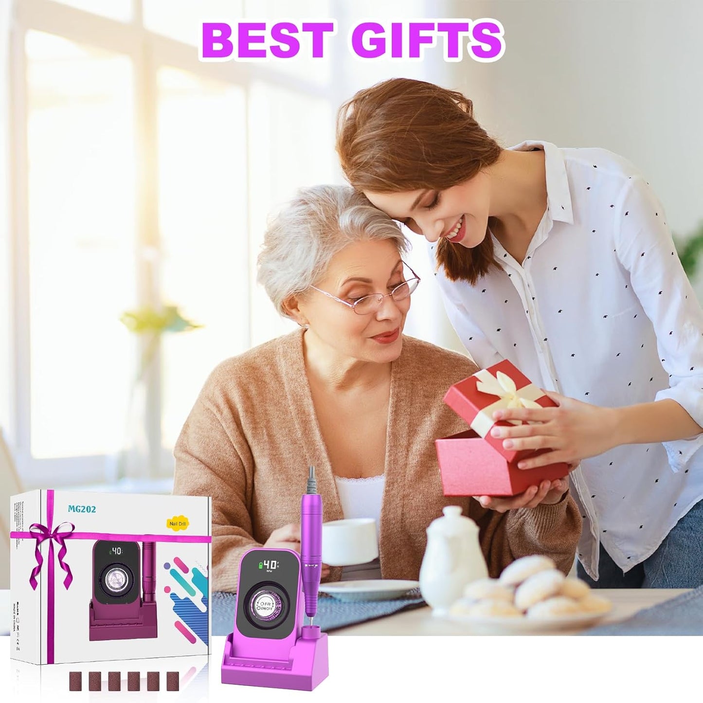 Urbuti Professioneller kabelloser Nagelfräser MG202, elektrische Nagelfeile (40.000 U/min),