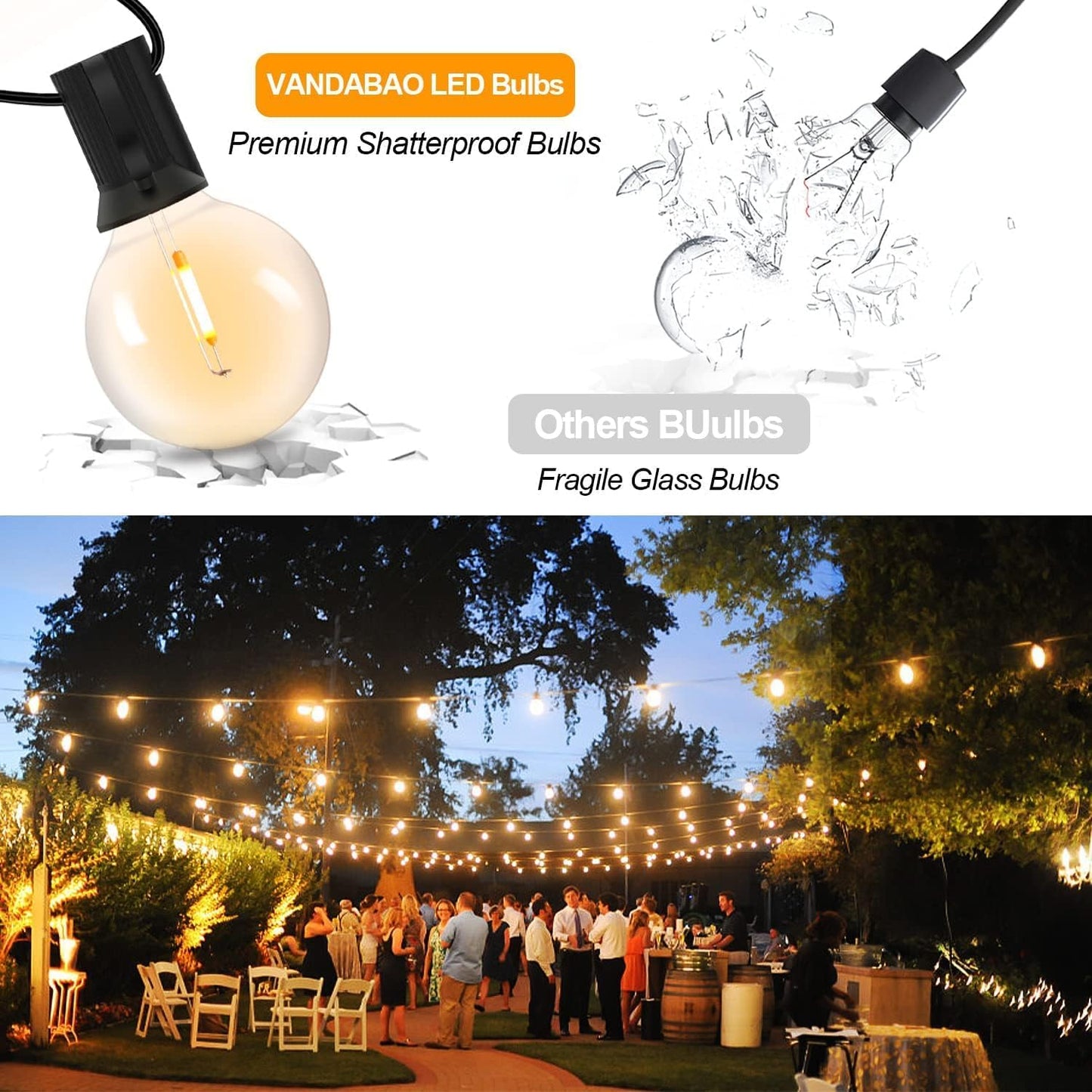 VANDABAO LED Lichterkette Außen Strom G40 40M 56+2 Glühbirnen IP44 Wasserdicht