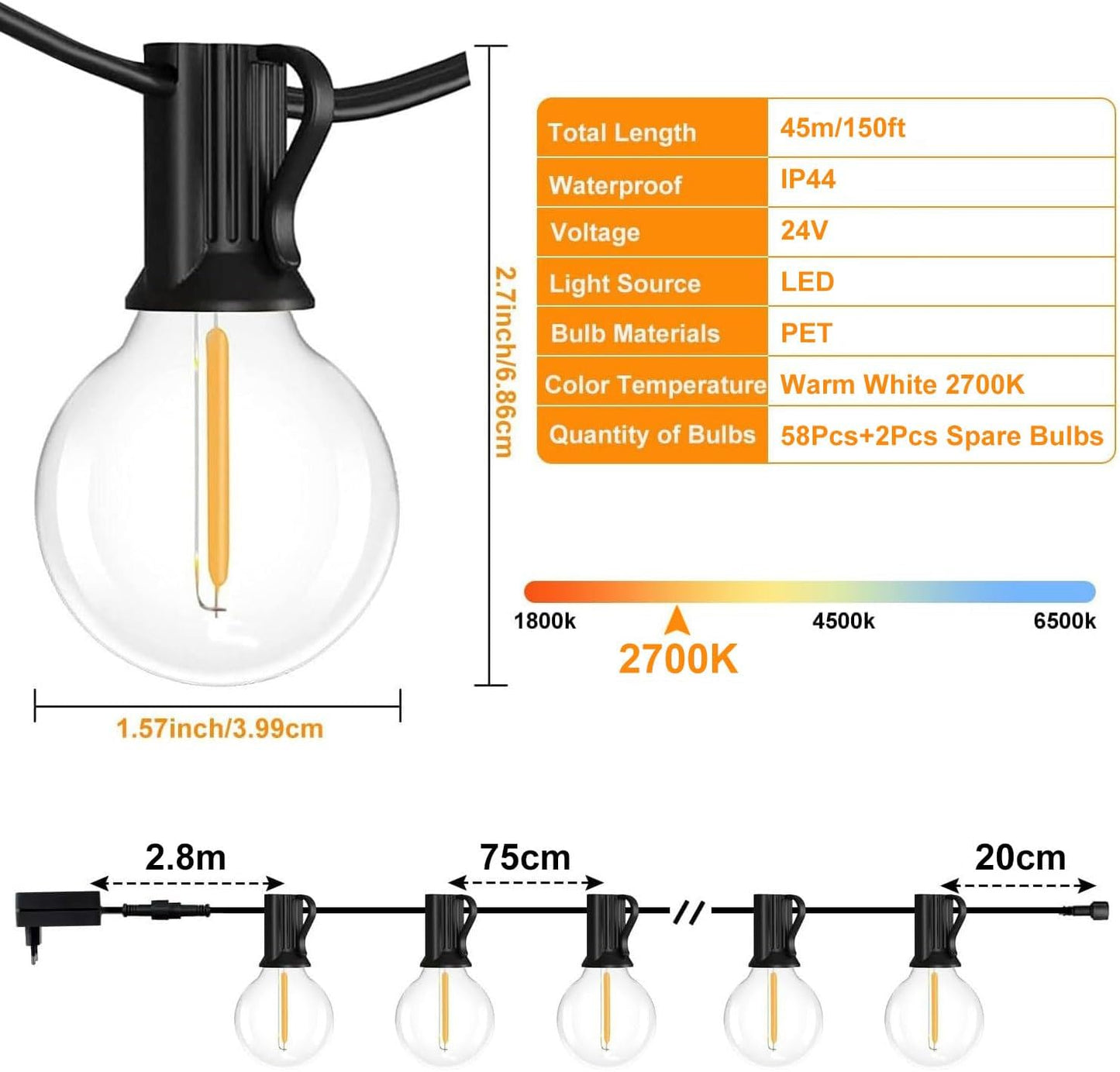 VANDABAO LED Lichterkette Außen Strom G40 40M 56+2 Glühbirnen IP44 Wasserdicht