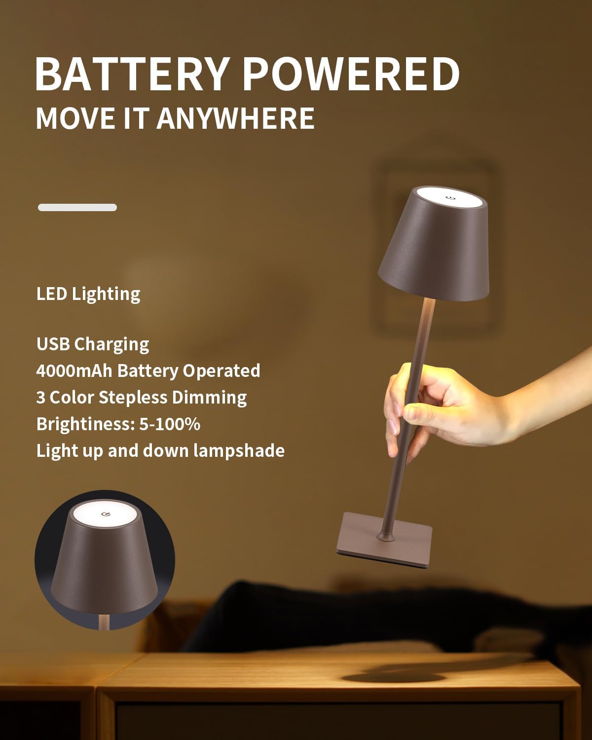 Visdanfo Kabellose Tischlampe, tragbare LED-Schreibtischlampe (2 pack) 4000 mAh, 3 Farben Braun