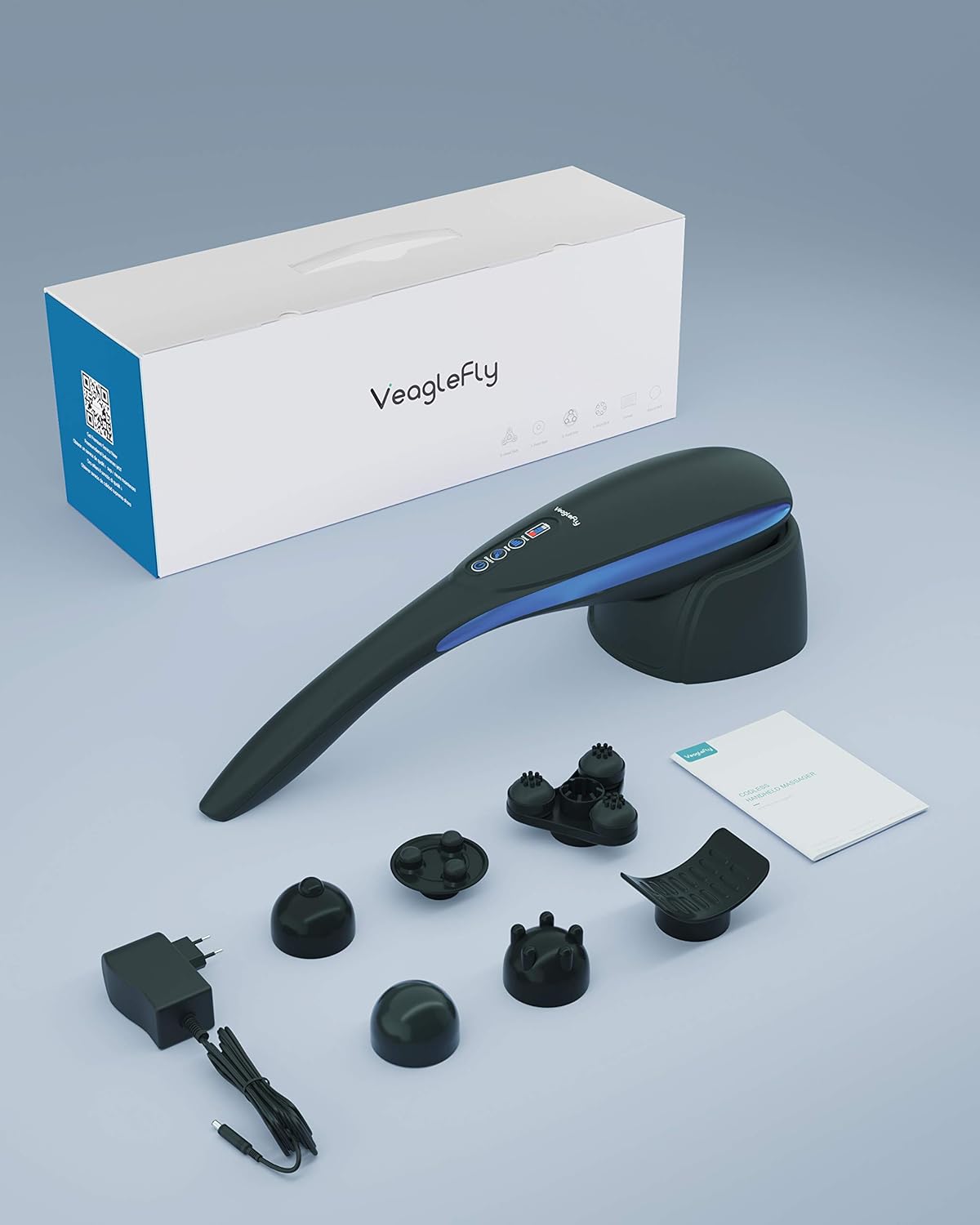 Veaglefly Schnurloses Handmassagegerät, elektrisches Tiefengewebe Percussion Rückenmassagegerät mit 6 austauschbaren Knoten und variabler Intensität für Körperentlastung mit tragbarem Design
