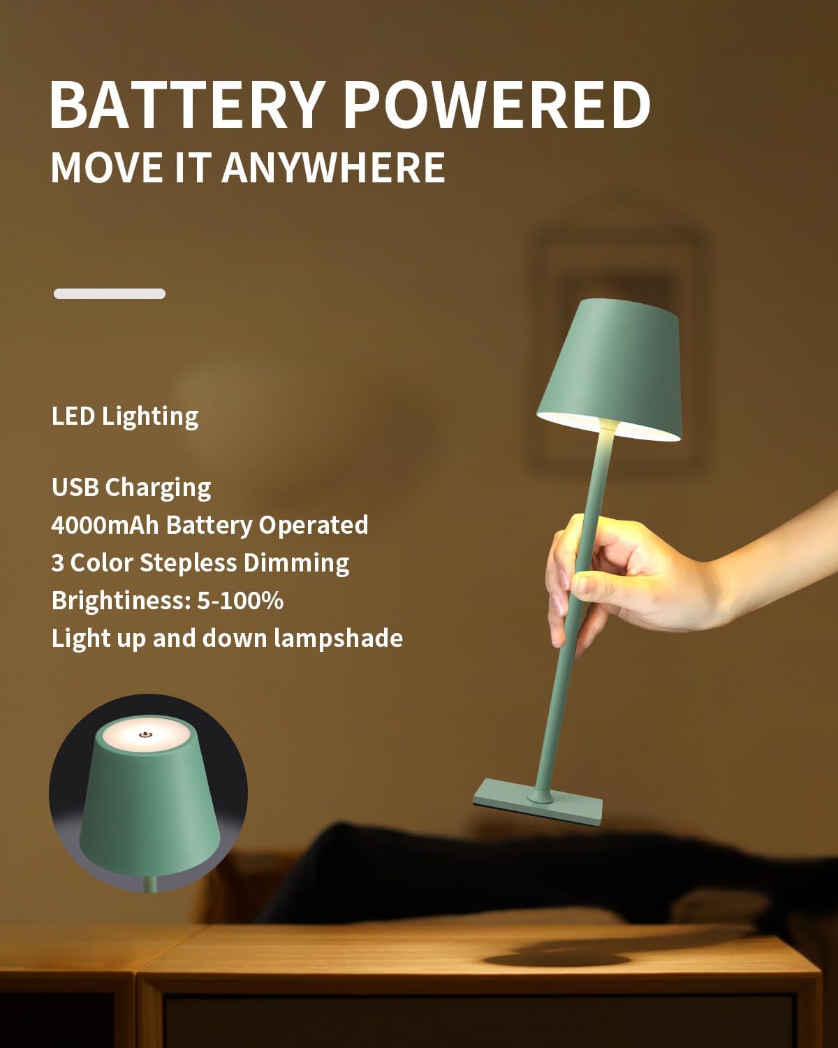 Visdanfo Kabellose Tischlampe, tragbare LED-Schreibtischlampe (2 pack) 4000 mAh, 3 Farben Grün