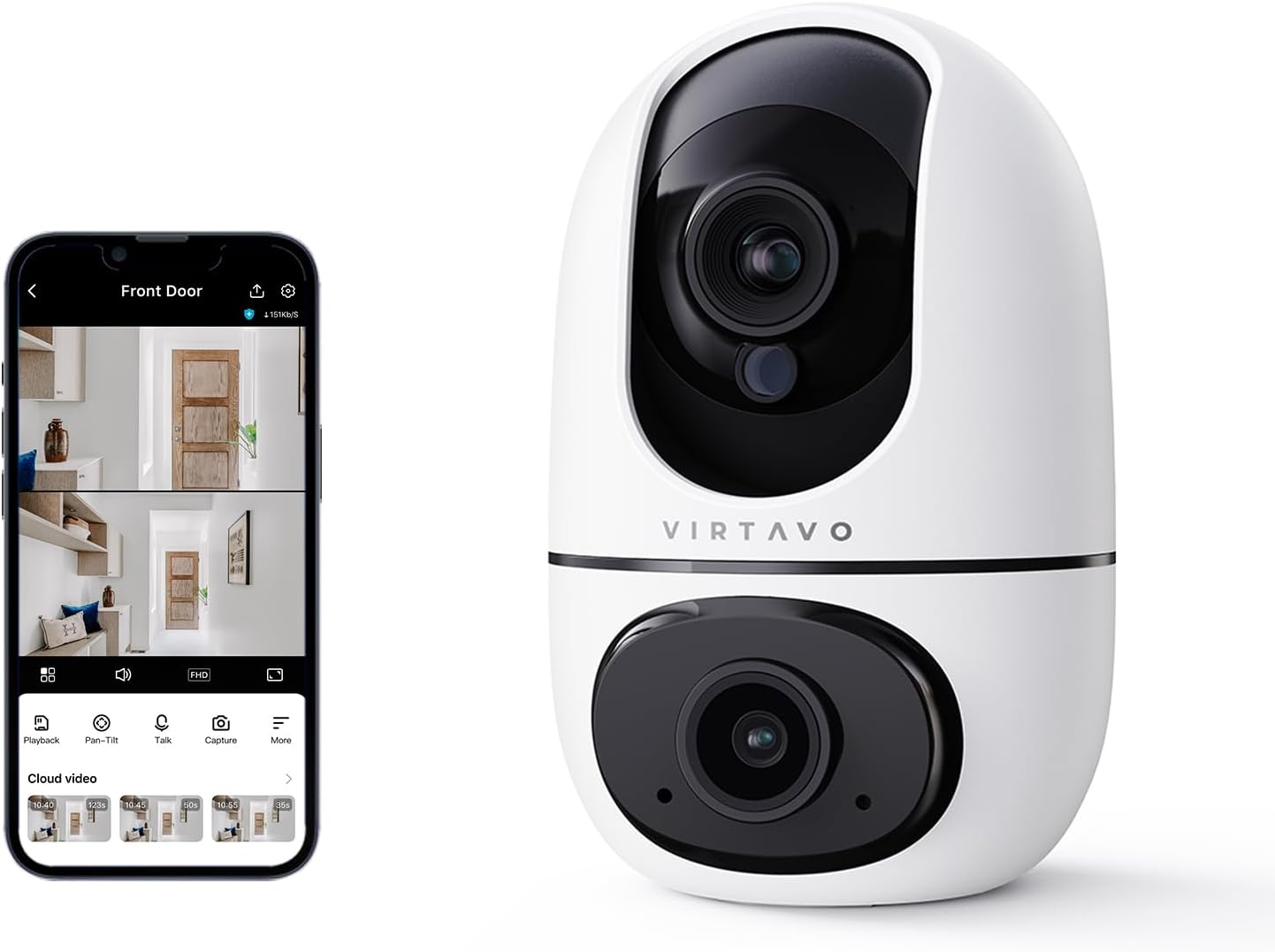 Virtavo Dual Kameras Überwachungskamera Innen 1080p 360° PTZ WLAN Kamera FHD 2-Wege-Audio Farbnachtsicht Bewegungserkennung