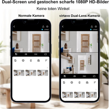 Virtavo Dual Kameras Überwachungskamera Innen 1080p 360° PTZ WLAN Kamera FHD 2-Wege-Audio Farbnachtsicht Bewegungserkennung