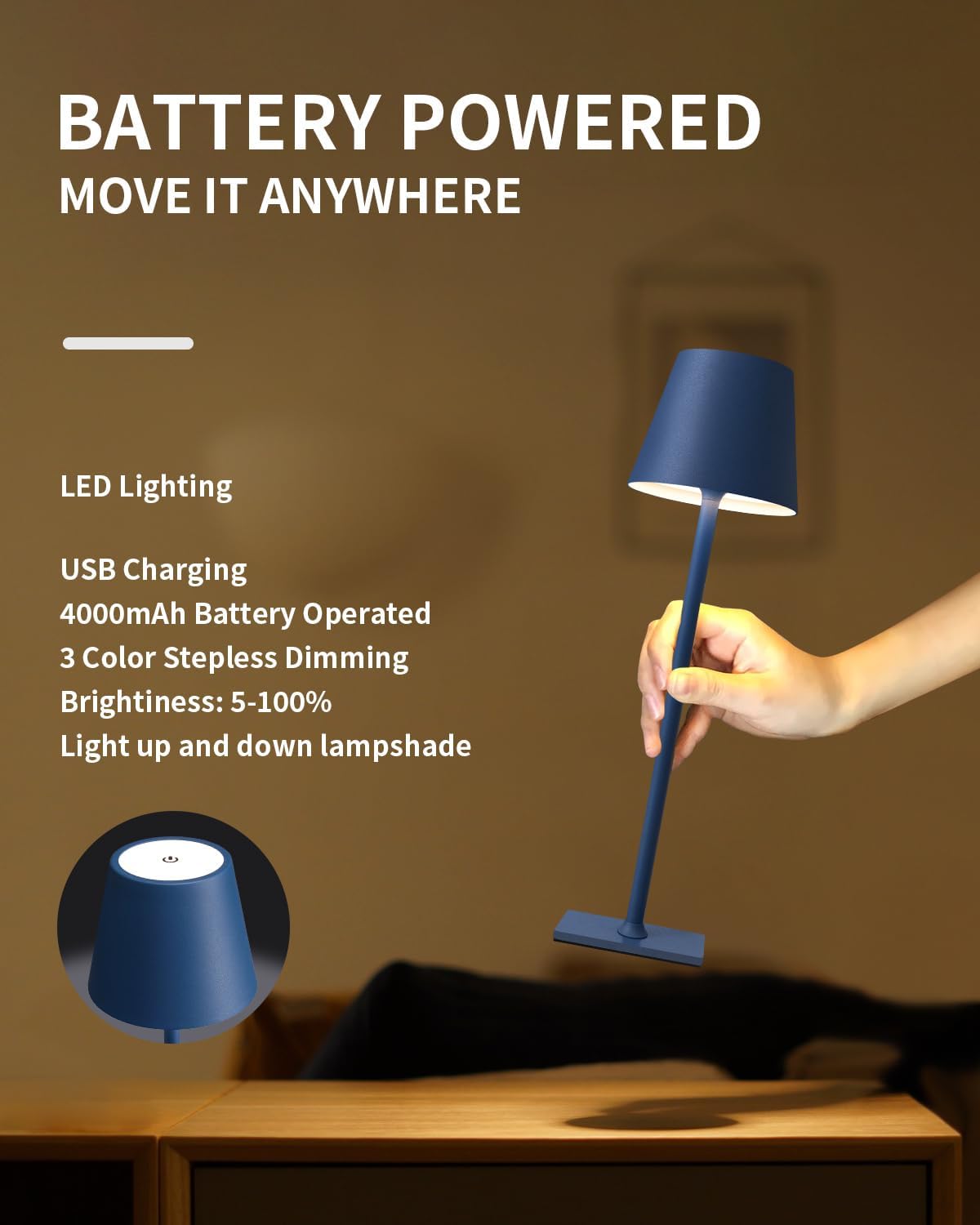Visdanfo Kabellose Tischlampe, tragbare LED-Schreibtischlampe (2 pack) 4000 mAh, 3 Farben Blau