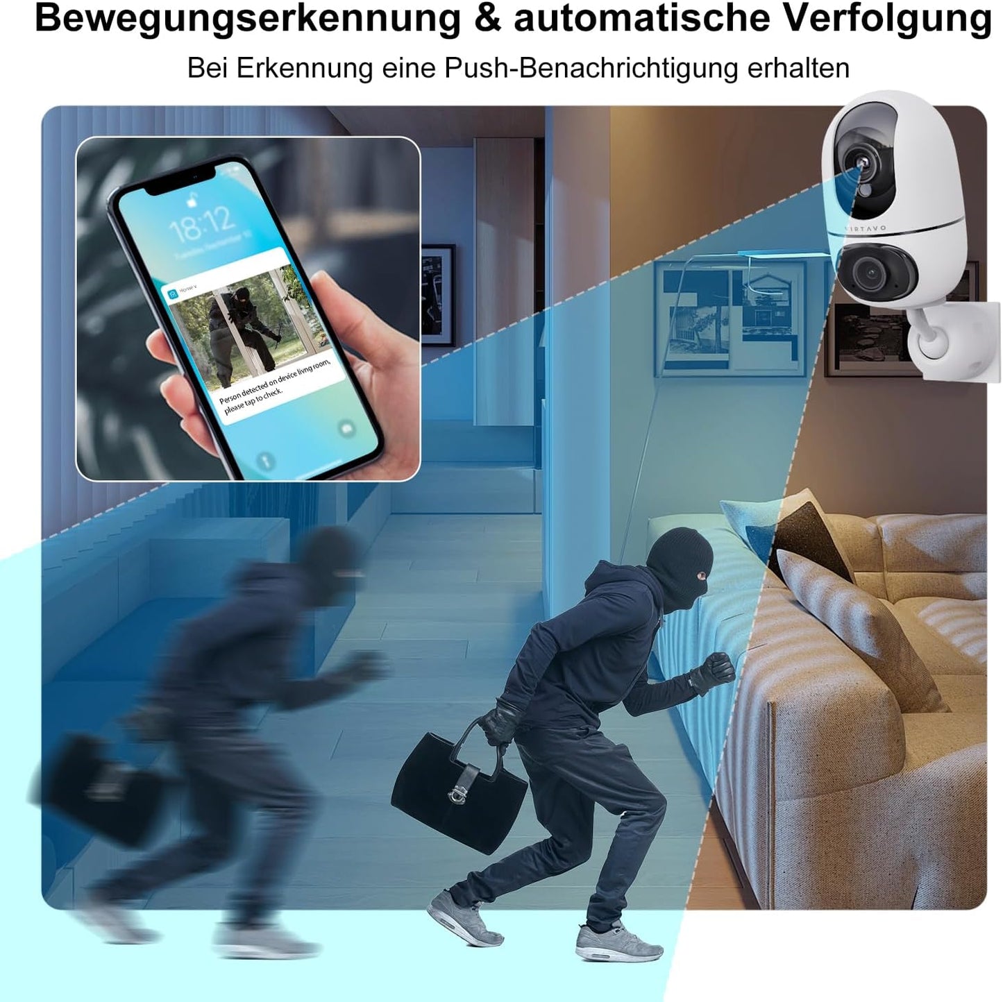 Virtavo Dual Kameras Überwachungskamera Innen 1080p 360° PTZ WLAN Kamera FHD 2-Wege-Audio Farbnachtsicht Bewegungserkennung