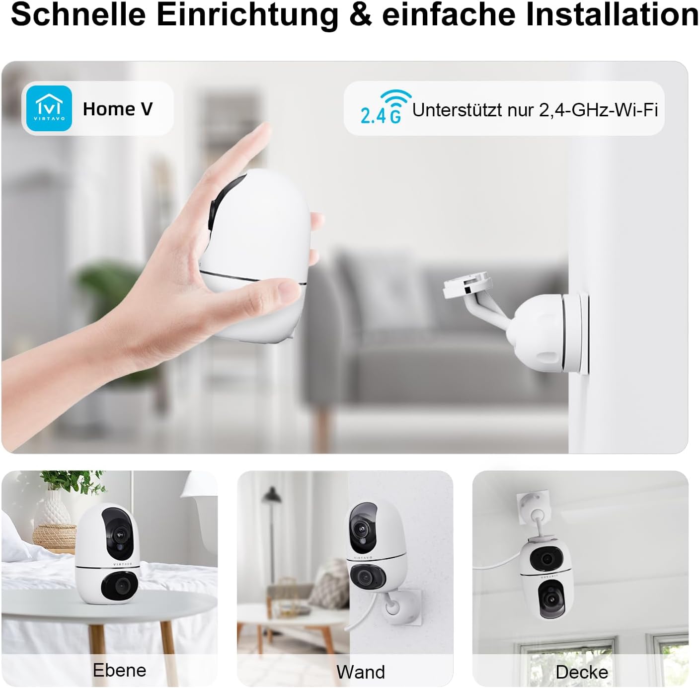 Virtavo Dual Kameras Überwachungskamera Innen 1080p 360° PTZ WLAN Kamera FHD 2-Wege-Audio Farbnachtsicht Bewegungserkennung