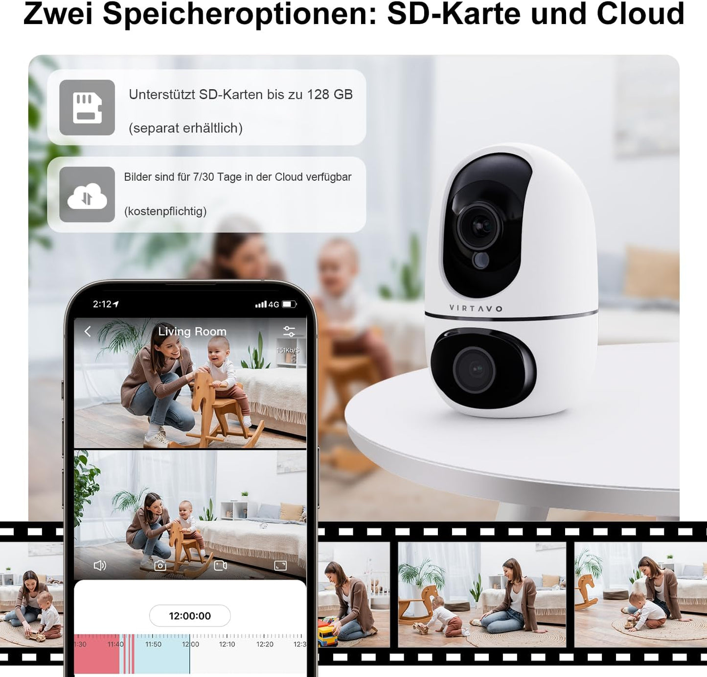 Virtavo Dual Kameras Überwachungskamera Innen 1080p 360° PTZ WLAN Kamera FHD 2-Wege-Audio Farbnachtsicht Bewegungserkennung
