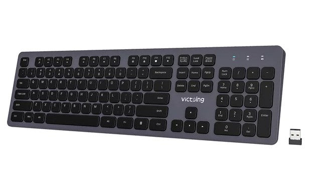 Victsing 2,4 G kabellose Tastatur, (QWERTZ) über USB wiederaufladbare kabellose Computertastatur, leise, ergonomische, schlanke Tastatur mit 12 Multimedia-Verknüpfungen für Laptops, Desktop, Chromebook, Notebook