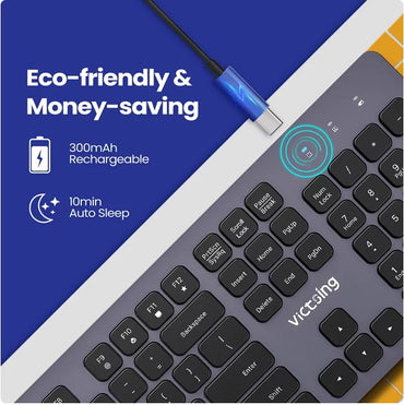 Victsing 2,4 G kabellose Tastatur, (QWERTZ) über USB wiederaufladbare kabellose Computertastatur, leise, ergonomische, schlanke Tastatur mit 12 Multimedia-Verknüpfungen für Laptops, Desktop, Chromebook, Notebook