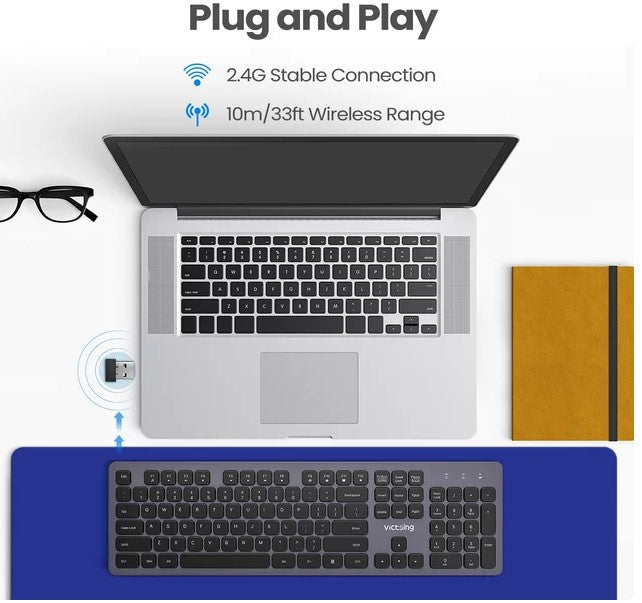 Victsing 2,4 G kabellose Tastatur, (QWERTZ) über USB wiederaufladbare kabellose Computertastatur, leise, ergonomische, schlanke Tastatur mit 12 Multimedia-Verknüpfungen für Laptops, Desktop, Chromebook, Notebook