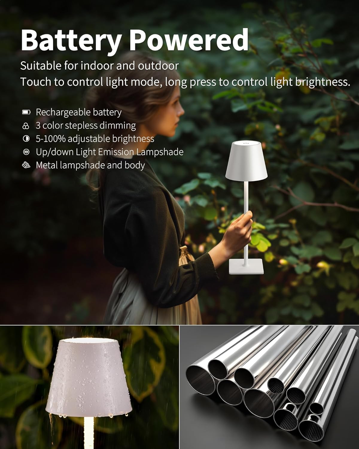 Visdanfo Kabellose Tischlampe, tragbare LED-Schreibtischlampe (2 pack) 4000 mAh, 3 Farben Weiß